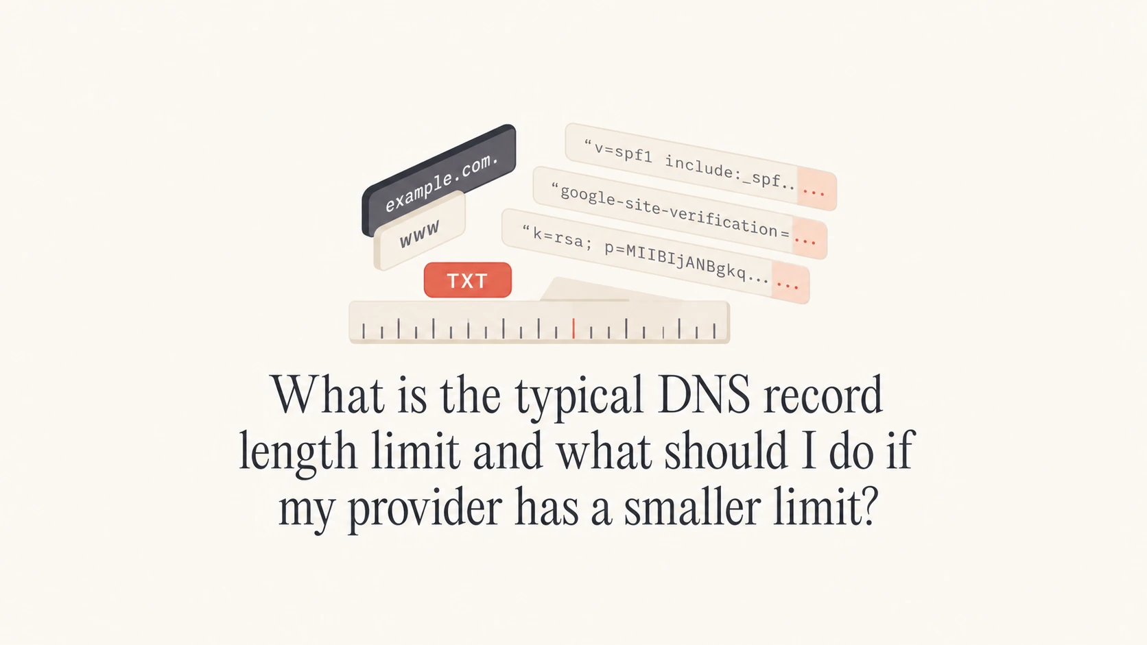 DNS TXT record length limit shown as small DNS labels and a ruler.