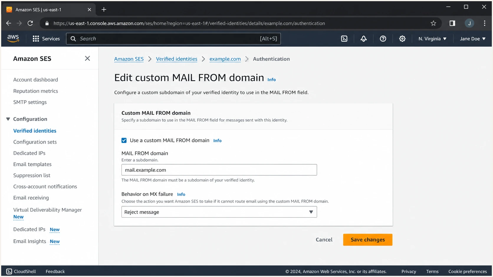 Amazon SES custom MAIL FROM settings for mail.example.com