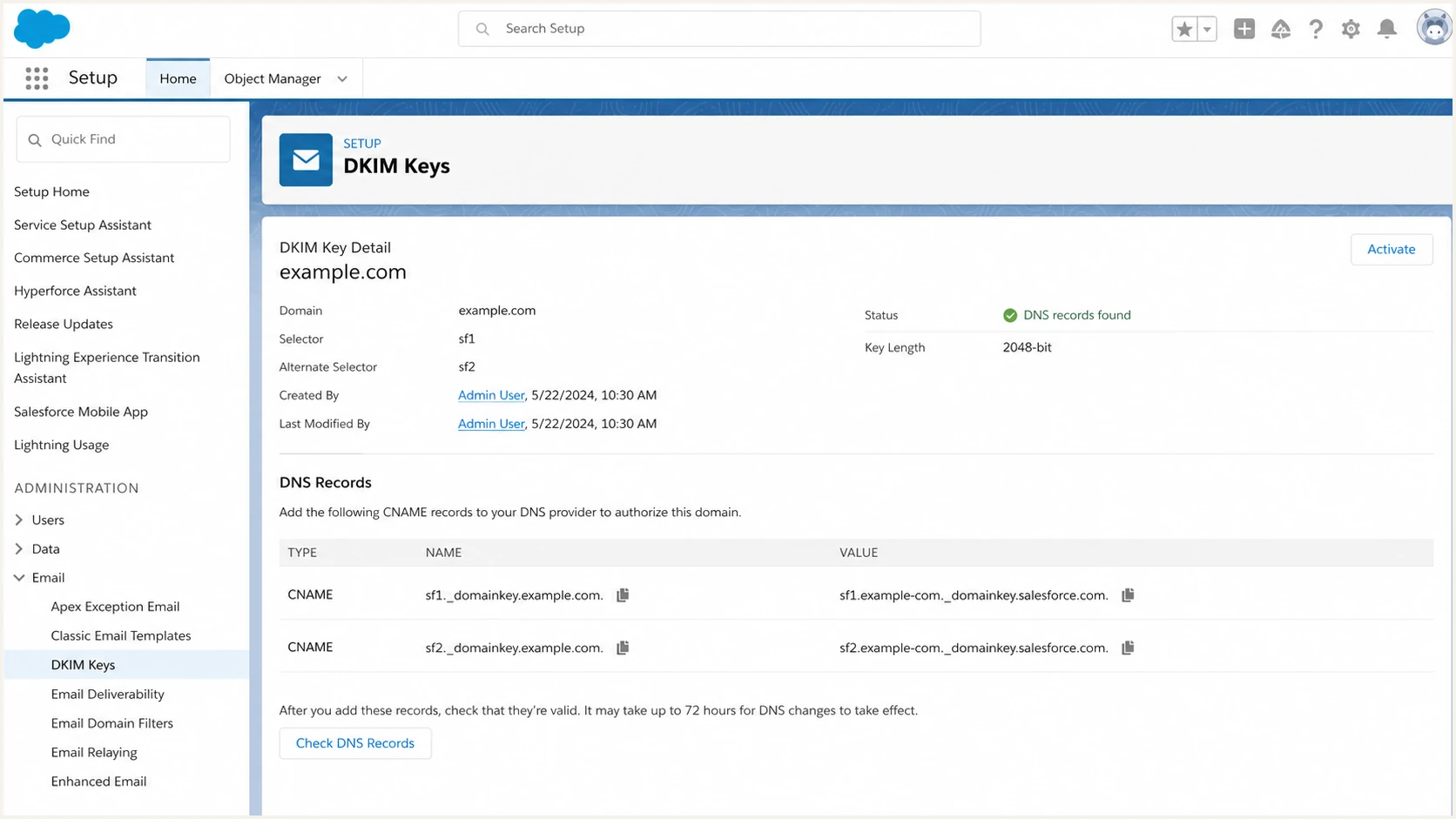 Salesforce DKIM key detail page showing two CNAME records and an Activate button.