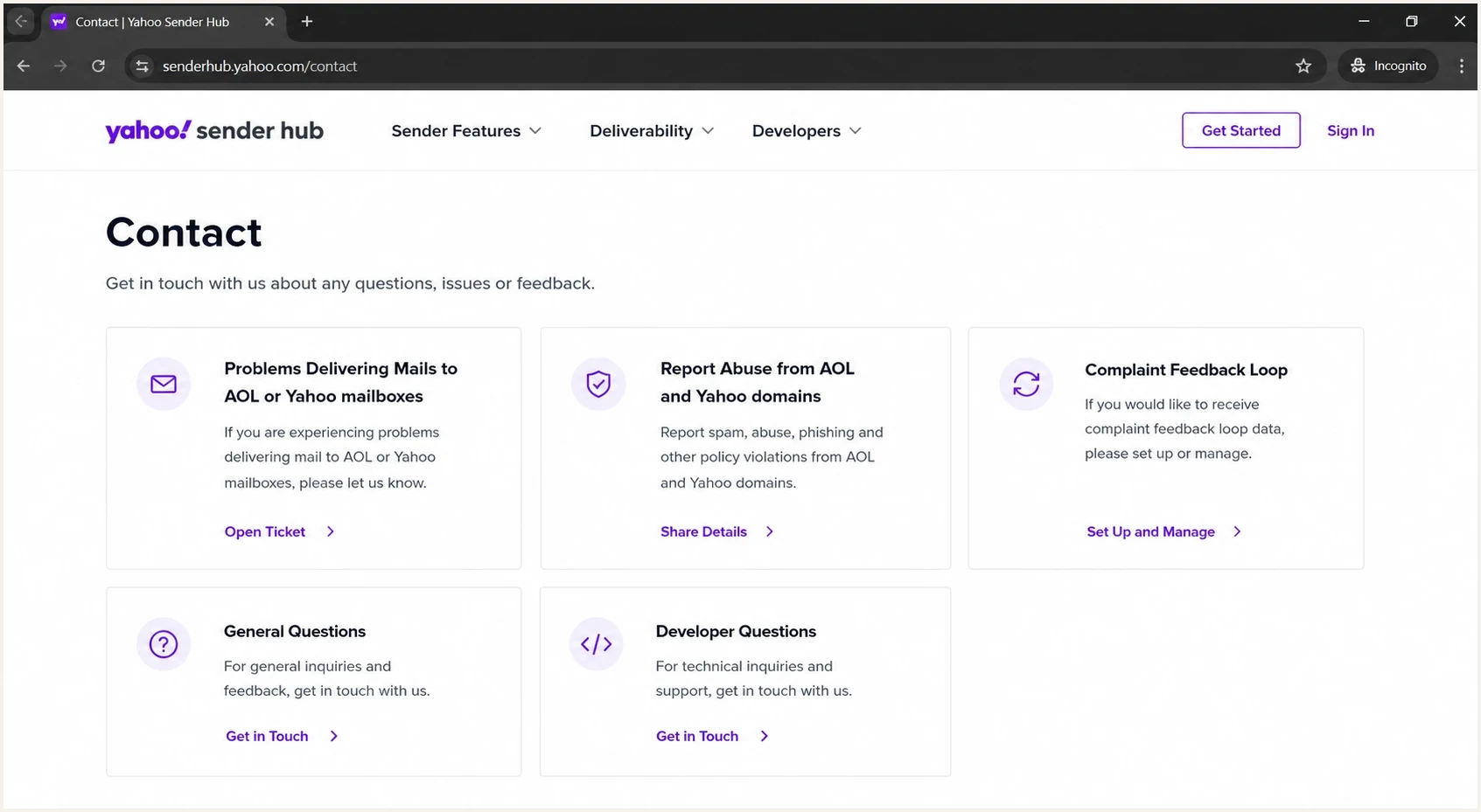 Yahoo Sender Hub contact page with sender support options.