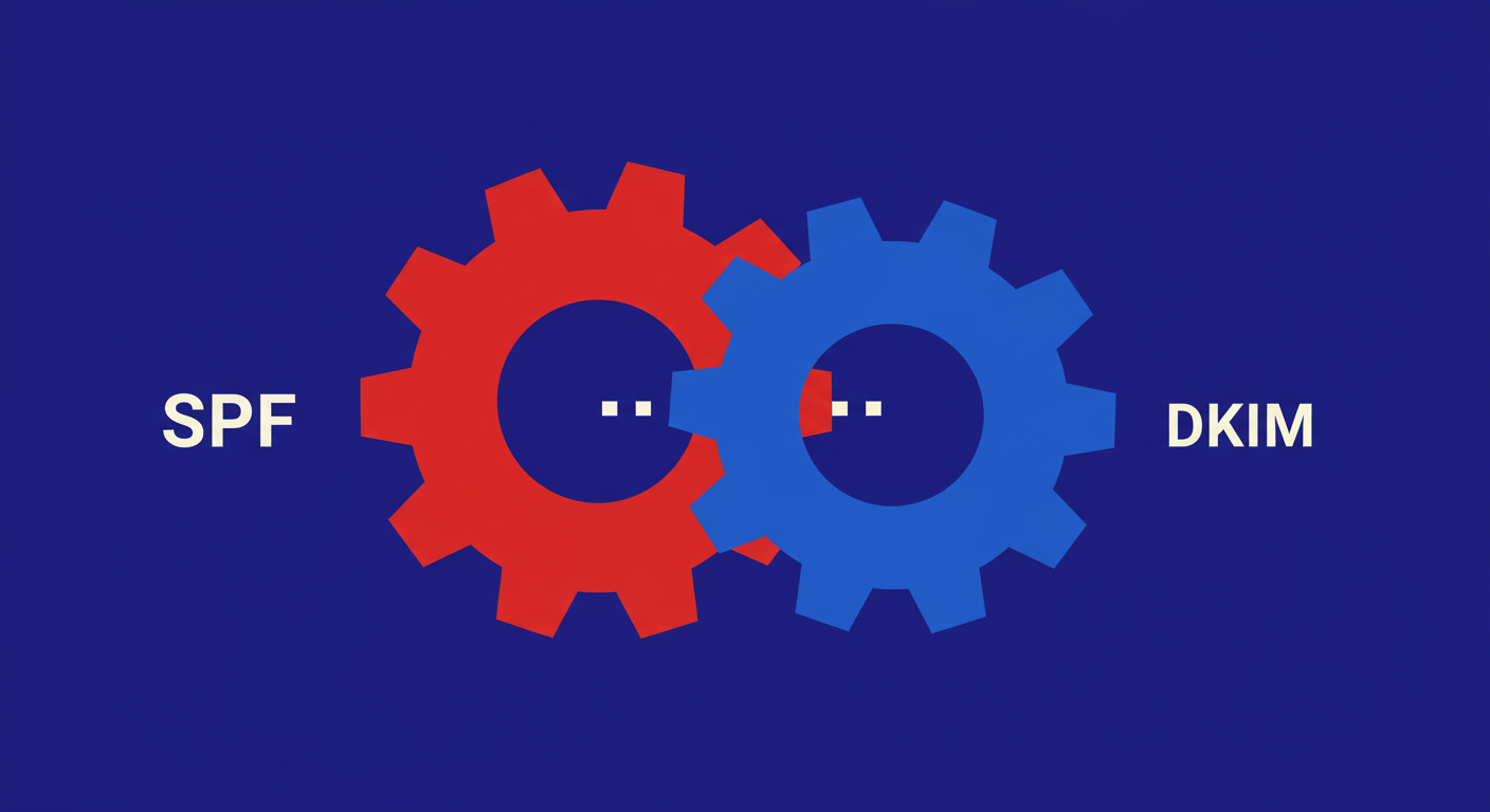An abstract illustration showing two interlocking gears, one red and one blue, symbolizing the connection between SPF and DKIM for DMARC to function properly. The style of the images should be A minimalist retro illustration in the style of Malika Favre. Dominant colors are bright poppy red and deep royal blue. Vector art, high contrast. Do not put any words in the image or alphanumeric characters. 