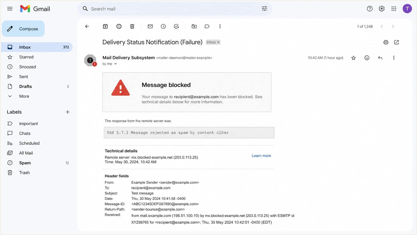 A Gmail delivery failure screen showing a header-related block message.