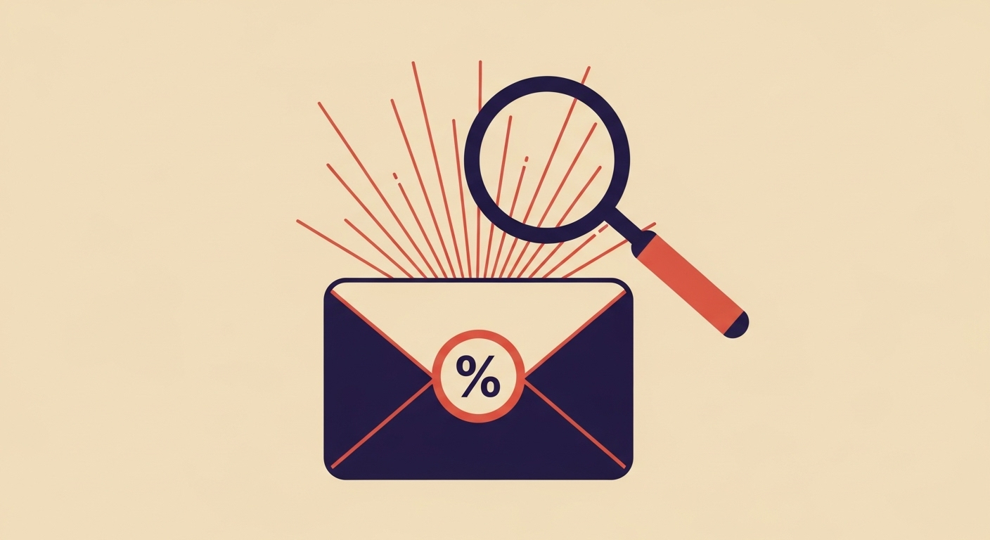 An email with a percentage symbol, magnifying glass, and radiating lines, symbolizing DMARC pct tag and its effect on email enforcement.