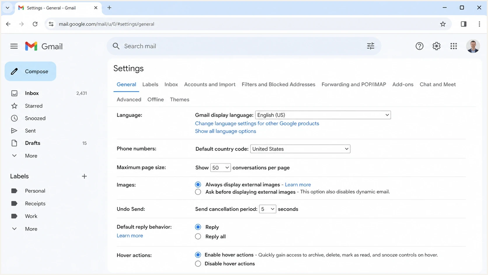 Gmail web settings showing the option to always display external images.