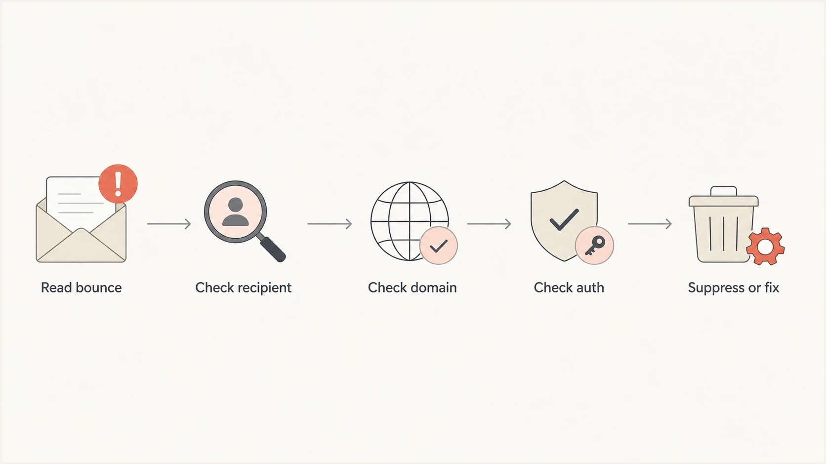 Noreply bounce diagnosis flowchart covering recipient, domain, authentication, and suppression checks.