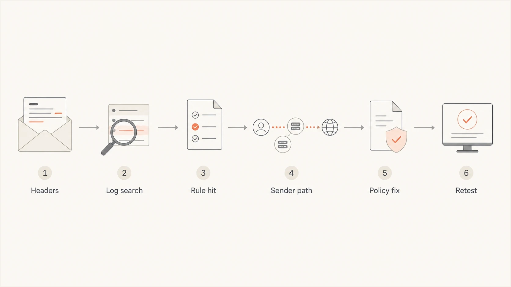 A flowchart for checking headers, Proofpoint logs, sender path, policy fixes, and retesting.
