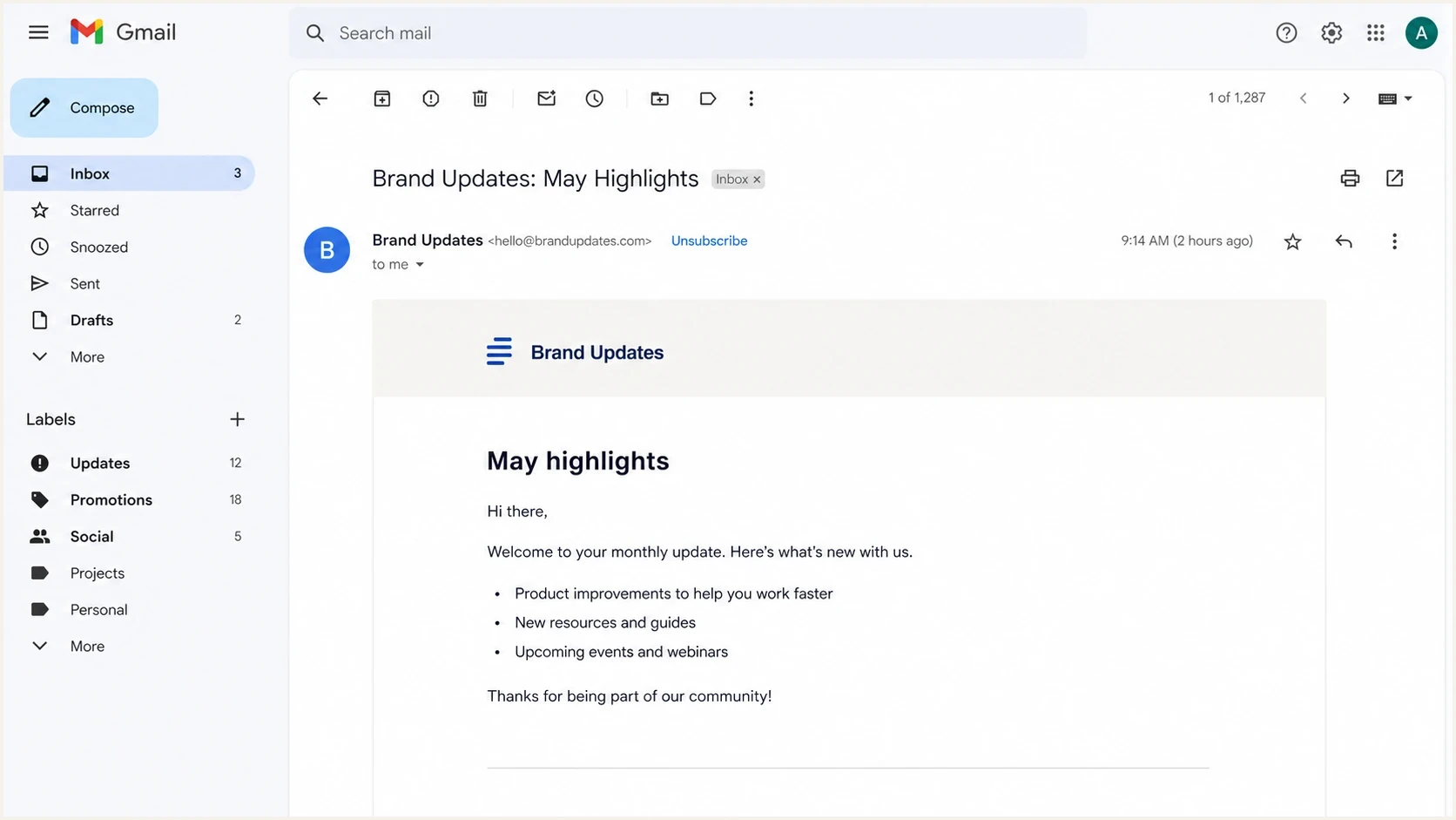 Gmail message view showing an unsubscribe control near the sender name.