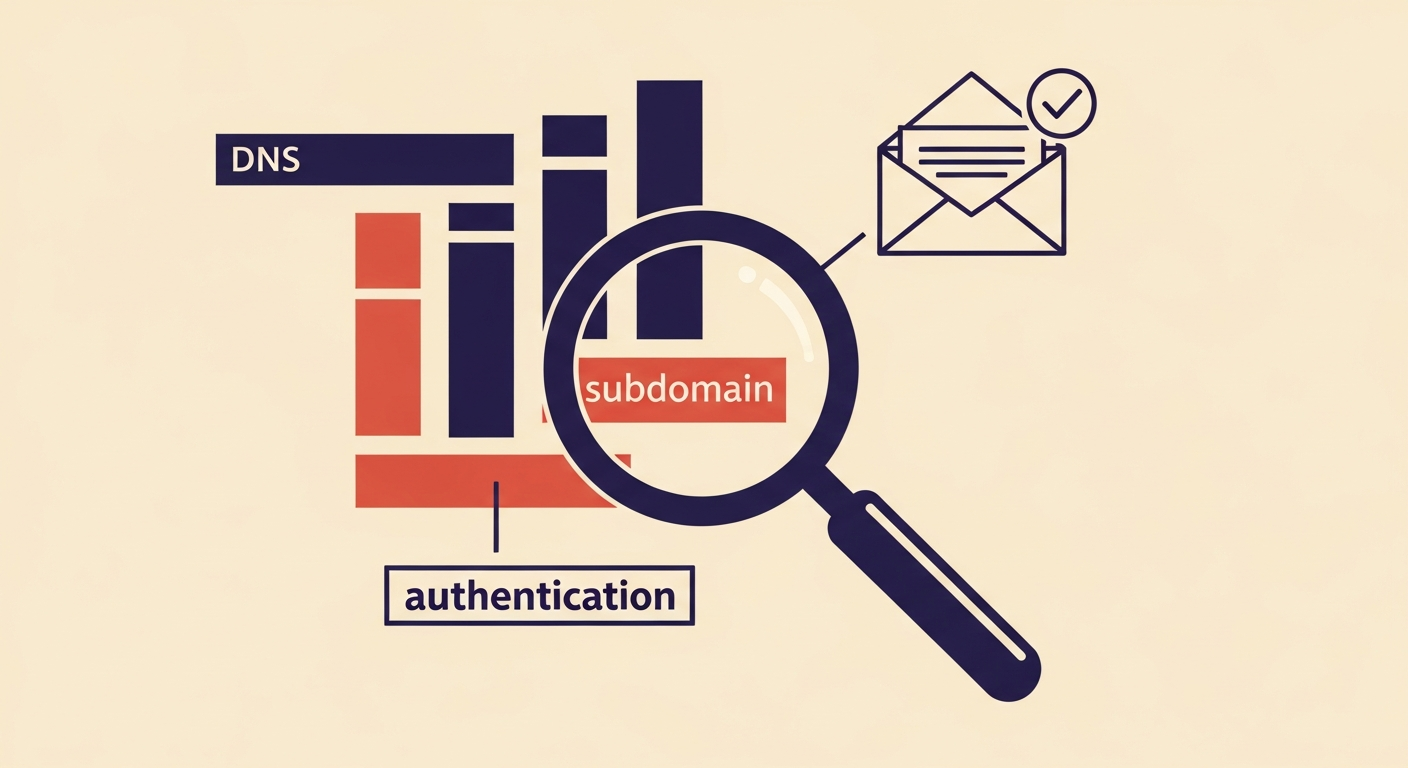 Stylized graphic illustrating DNS records and specific subdomain targeting for email authentication