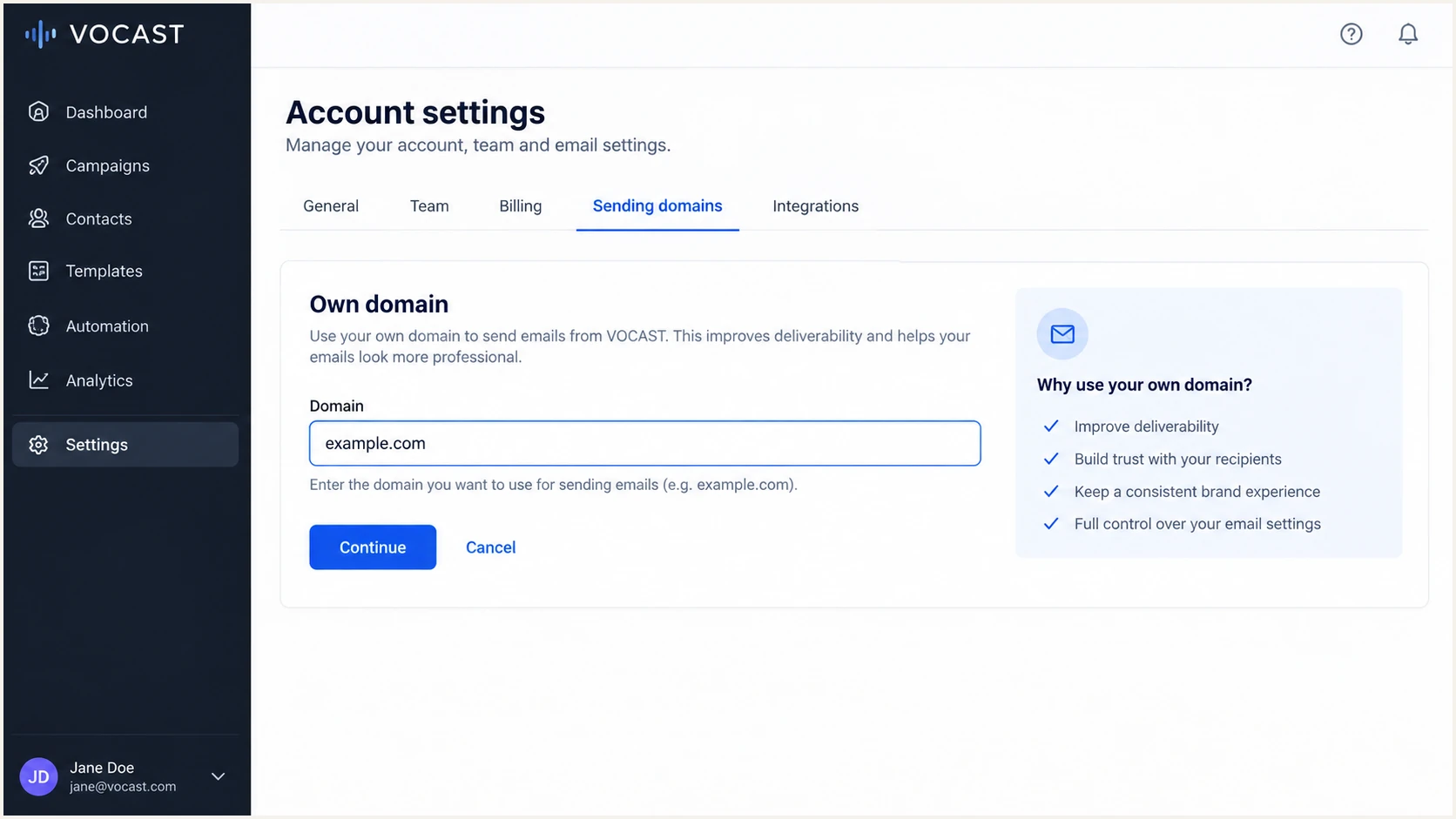 VOCAST account settings for adding an own sending domain