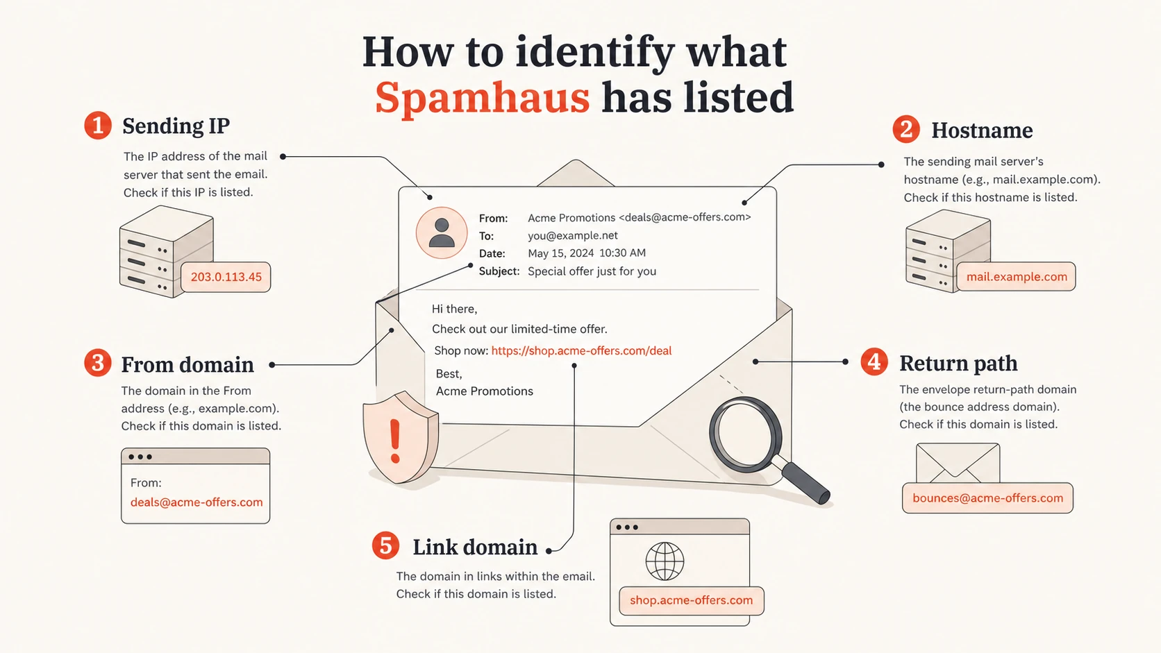 Infographic showing the IP, hostname, From domain, return path, and link domain to check.