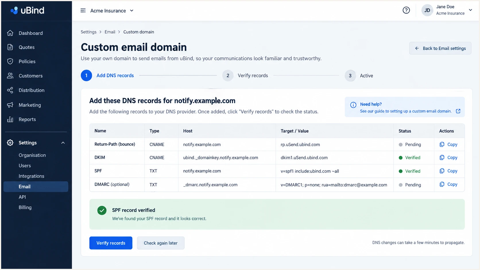 uBind Return-Path and SPF record details for a custom domain