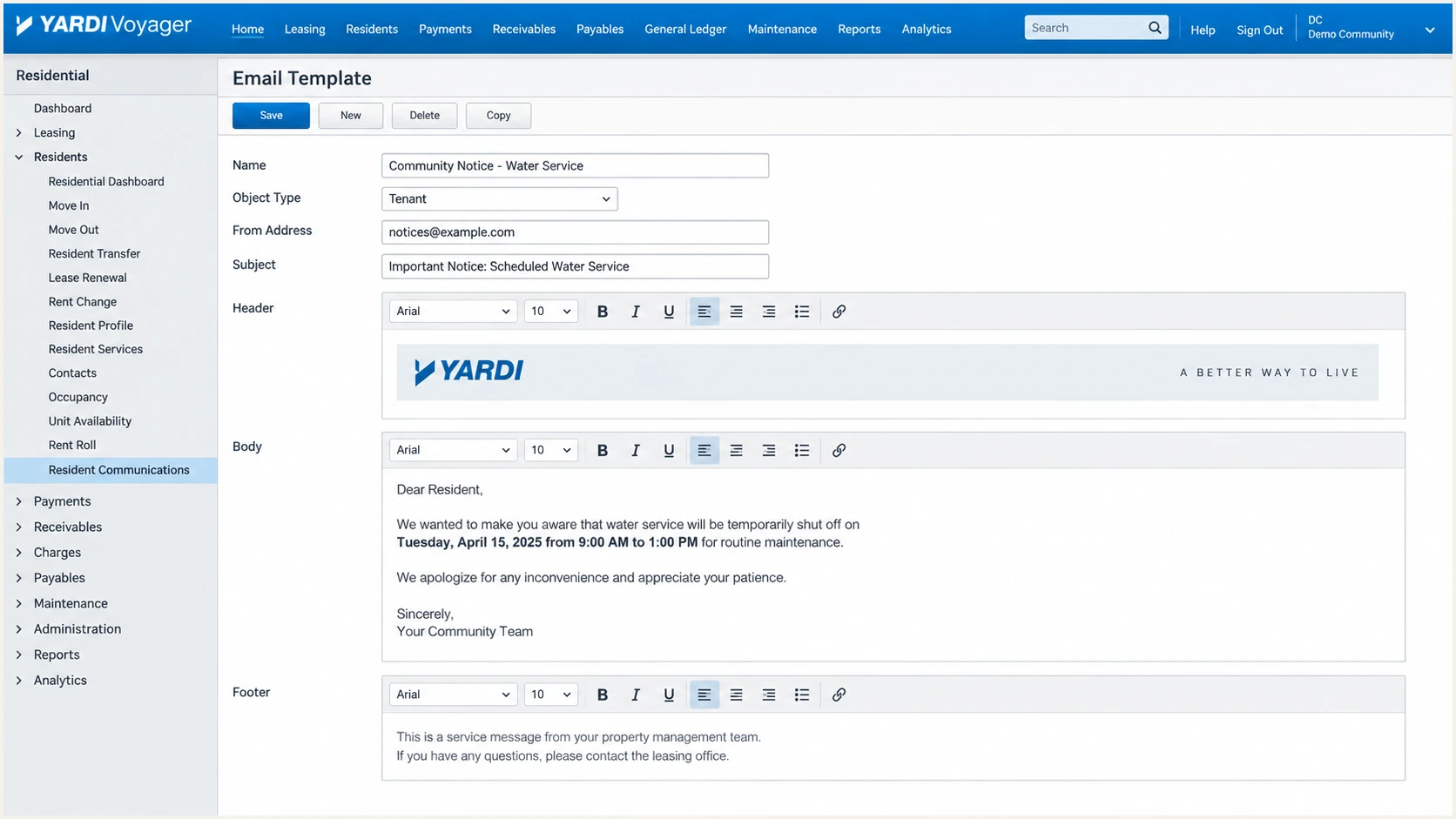 Yardi Voyager email template used for an authentication test