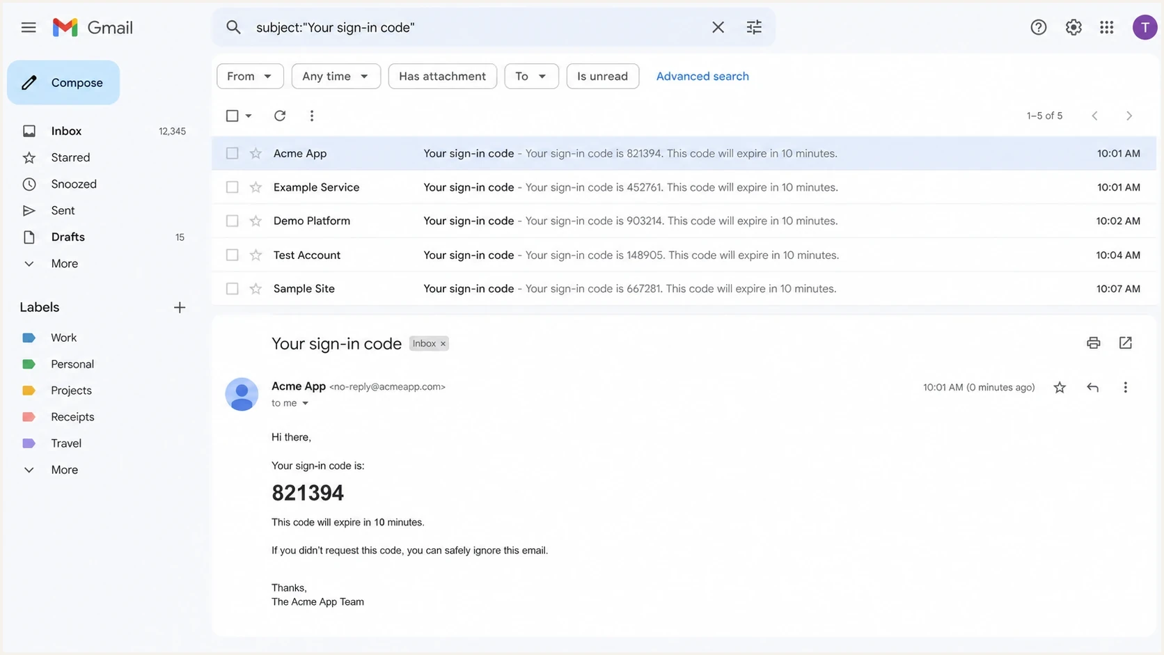 Gmail inbox search showing OTP test messages with different received times.