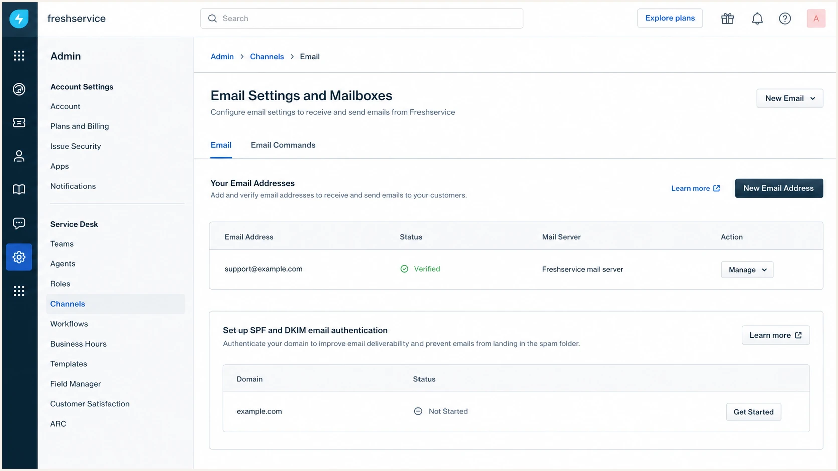 Freshservice email settings with a verified custom support domain