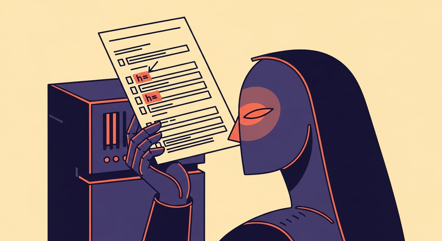 Retro illustration of a mail server inspecting email headers according to the 'h=' tag.