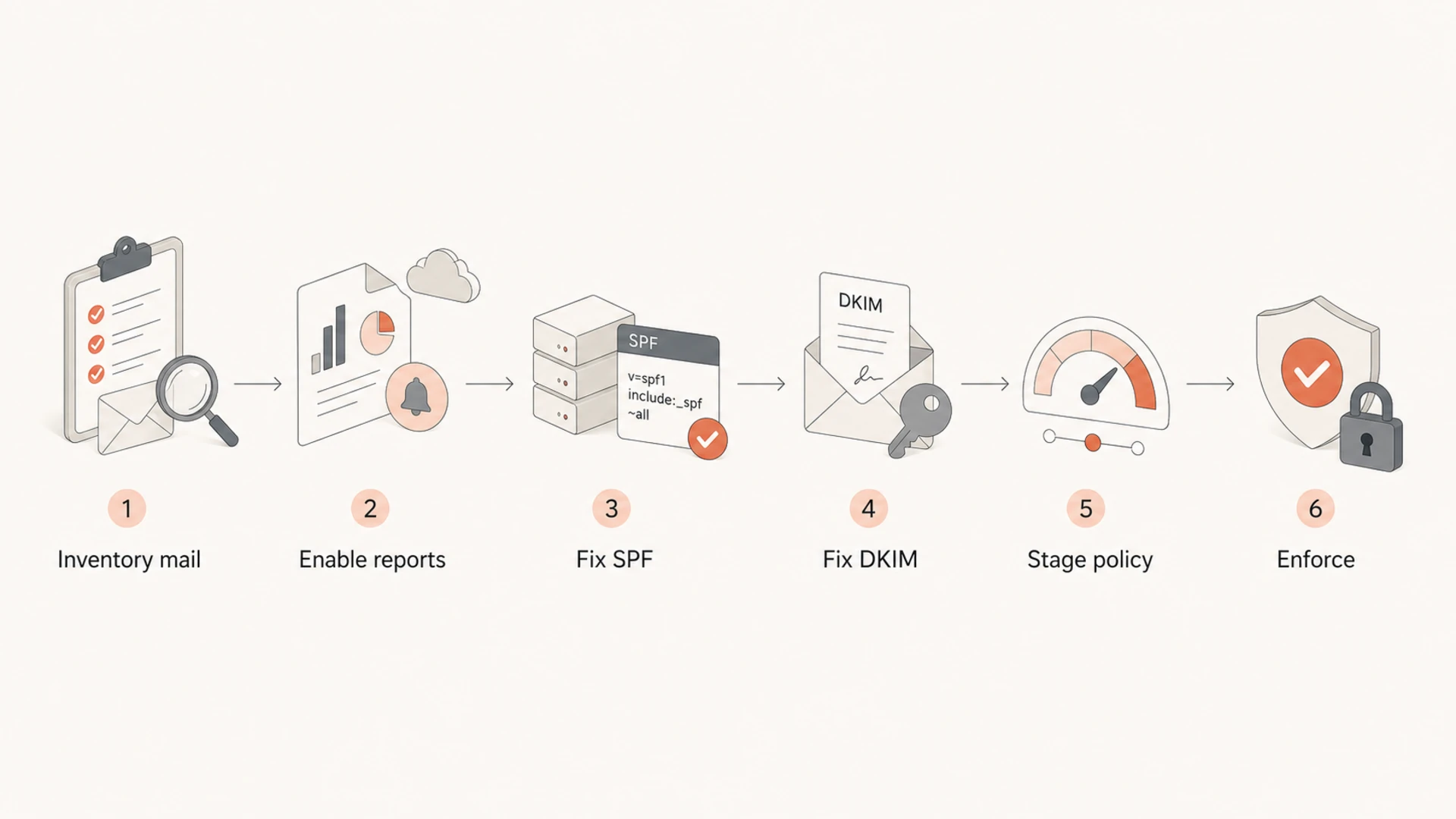 Flowchart showing DMARC moving through inventory, reports, fixes, staged policy, and enforcement.