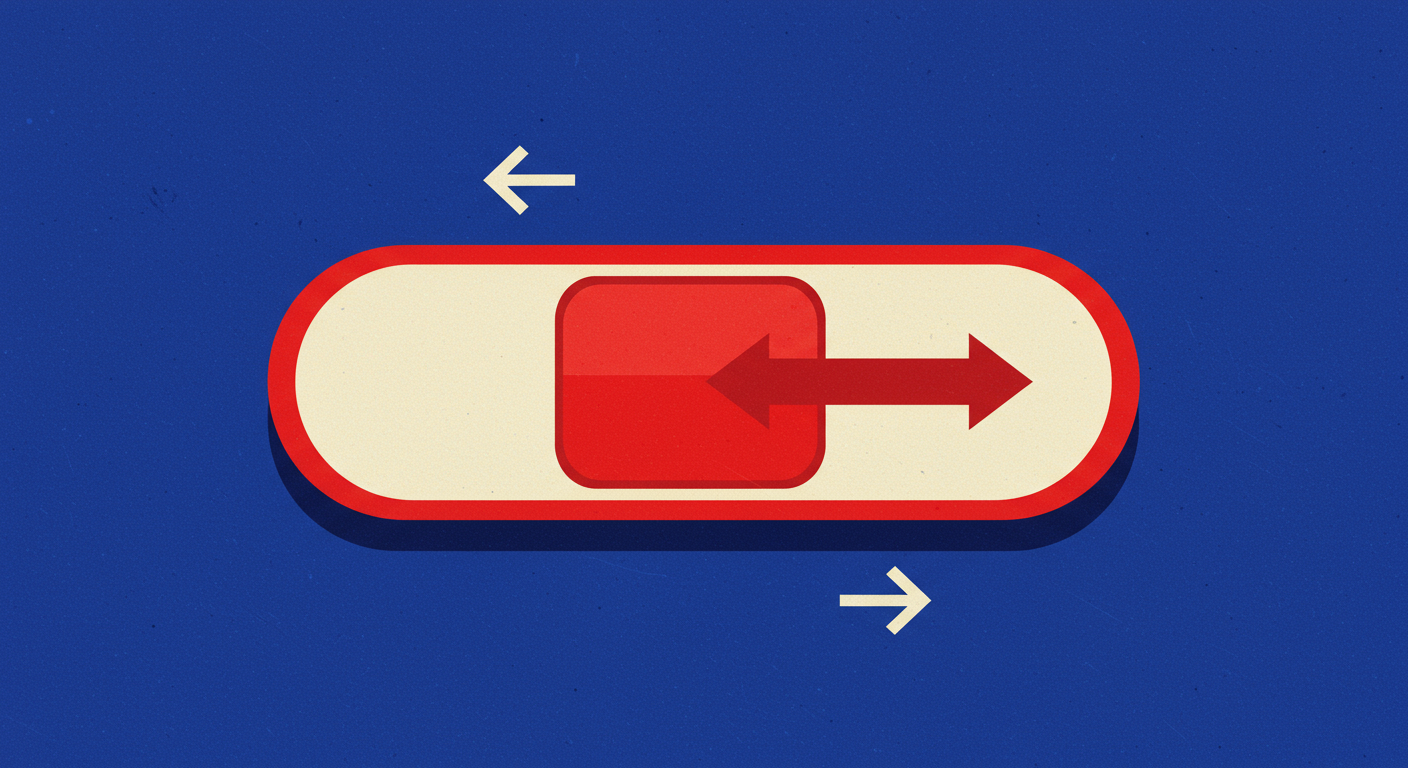 A minimalist retro illustration of a toggle switch being moved from an 'off' position to an 'on' position. The style is Malika Favre, with bright poppy red and deep royal blue colors. Vector art, high contrast. No text or alphanumeric characters.