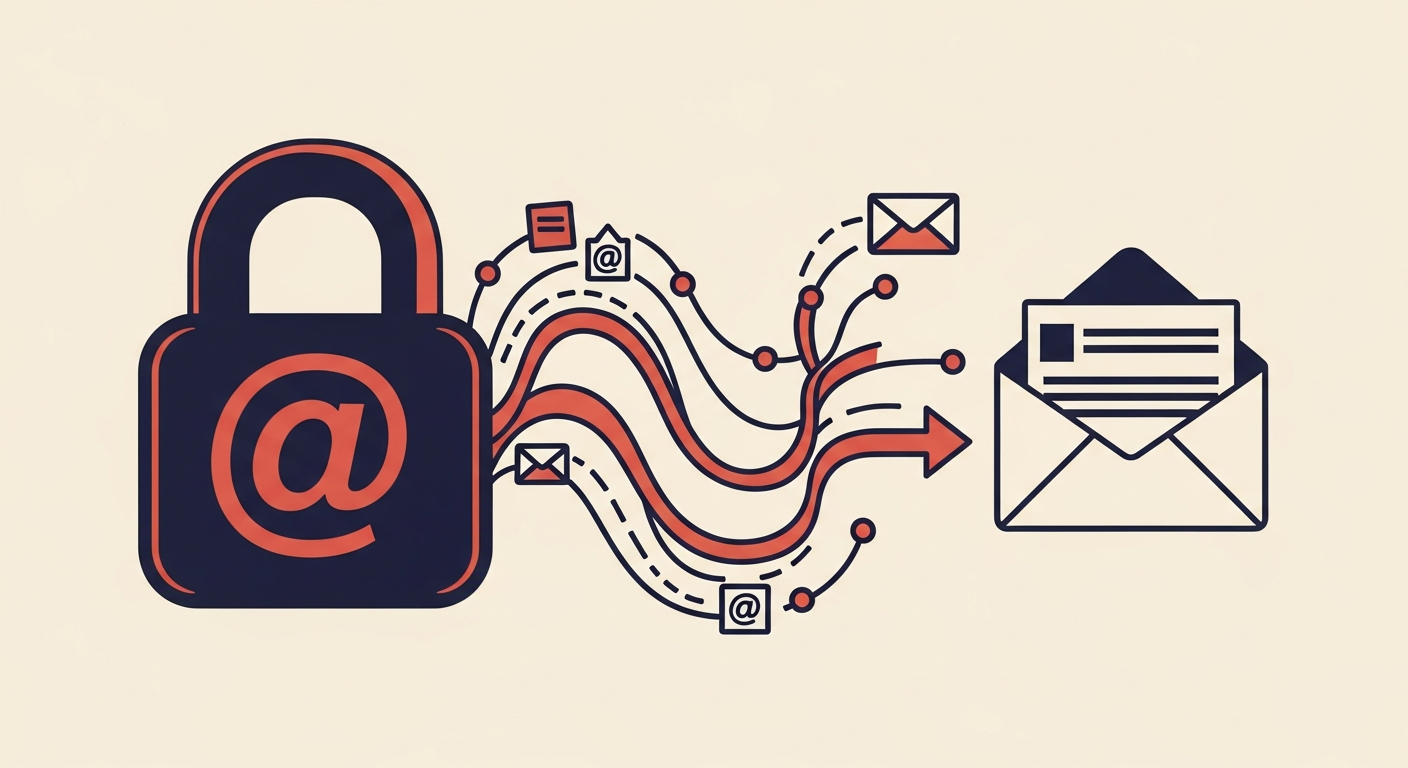 A secure email transaction, symbolized by a padlock and flowing data, illustrating continuous protection.