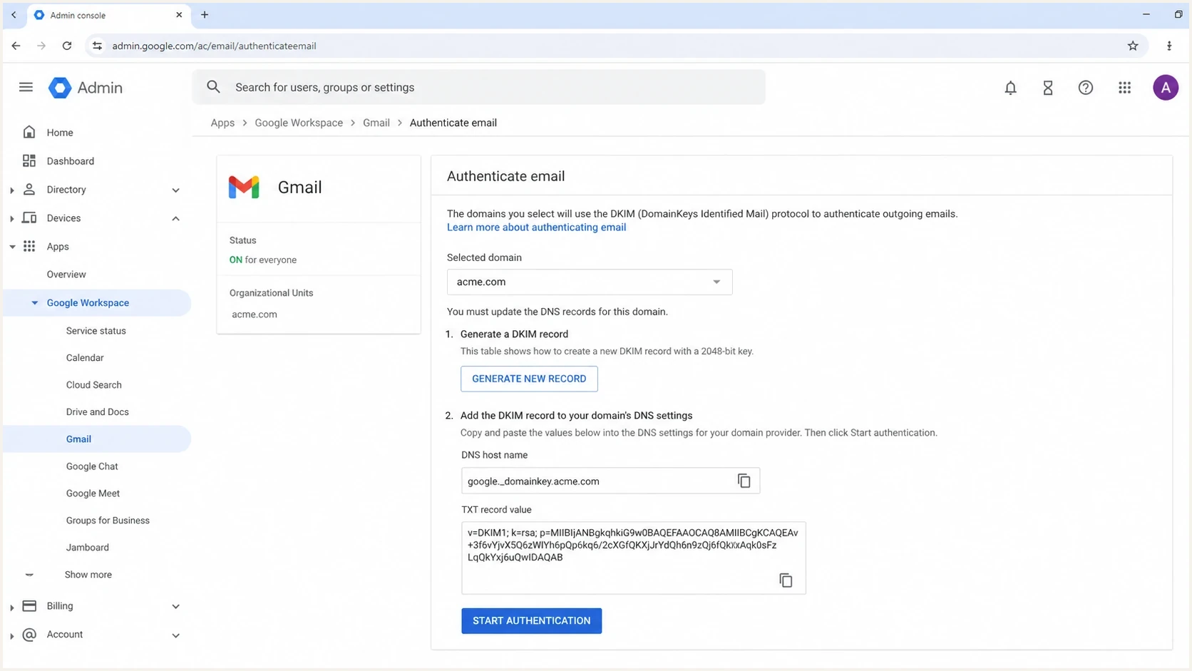 Google Admin Console DKIM setup screen showing a DNS host name and TXT record value.