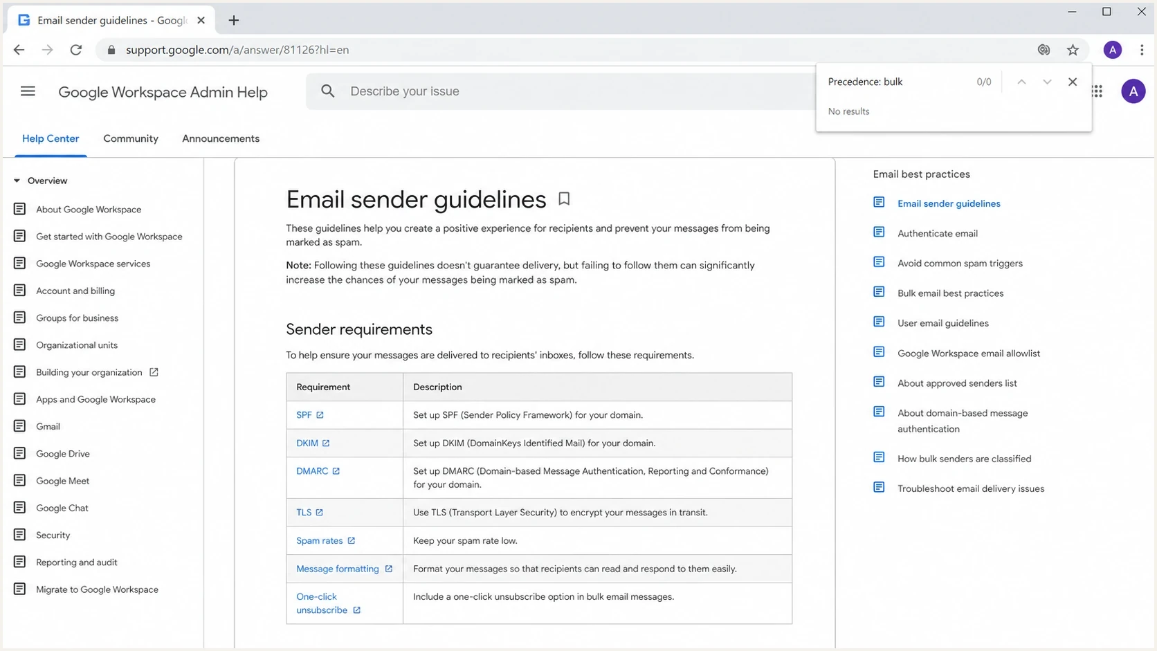 Google Workspace Admin Help sender guidelines page without a Precedence bulk requirement.