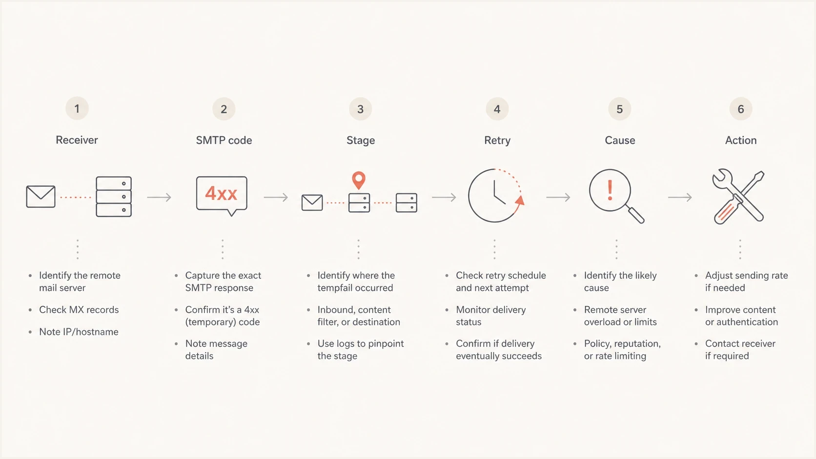 Flowchart for diagnosing suspected spam tempfails.