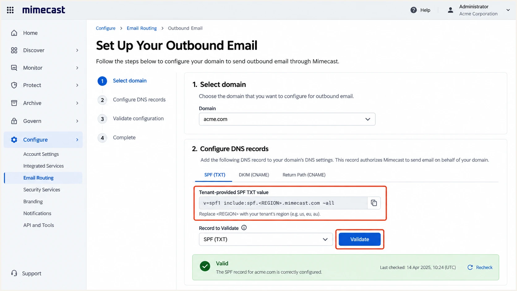 Mimecast outbound setup showing the regional SPF value and validation