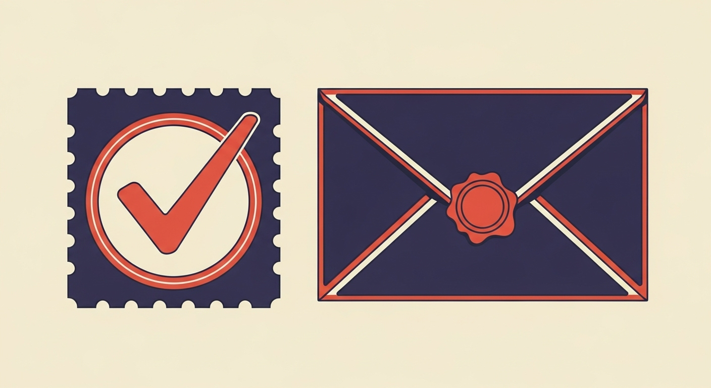 An illustration comparing email authentication with a verified stamp and email encryption with a sealed envelope.