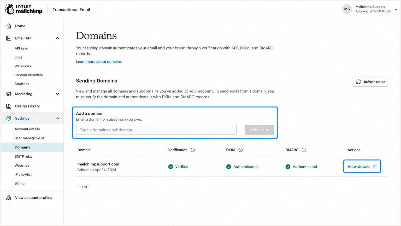 Mailchimp Transactional Sending Domains screen with domain controls