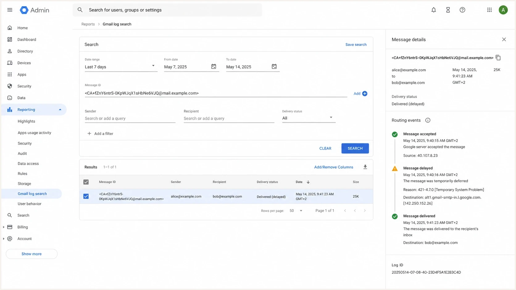 Google Admin console Gmail log search showing message routing events.
