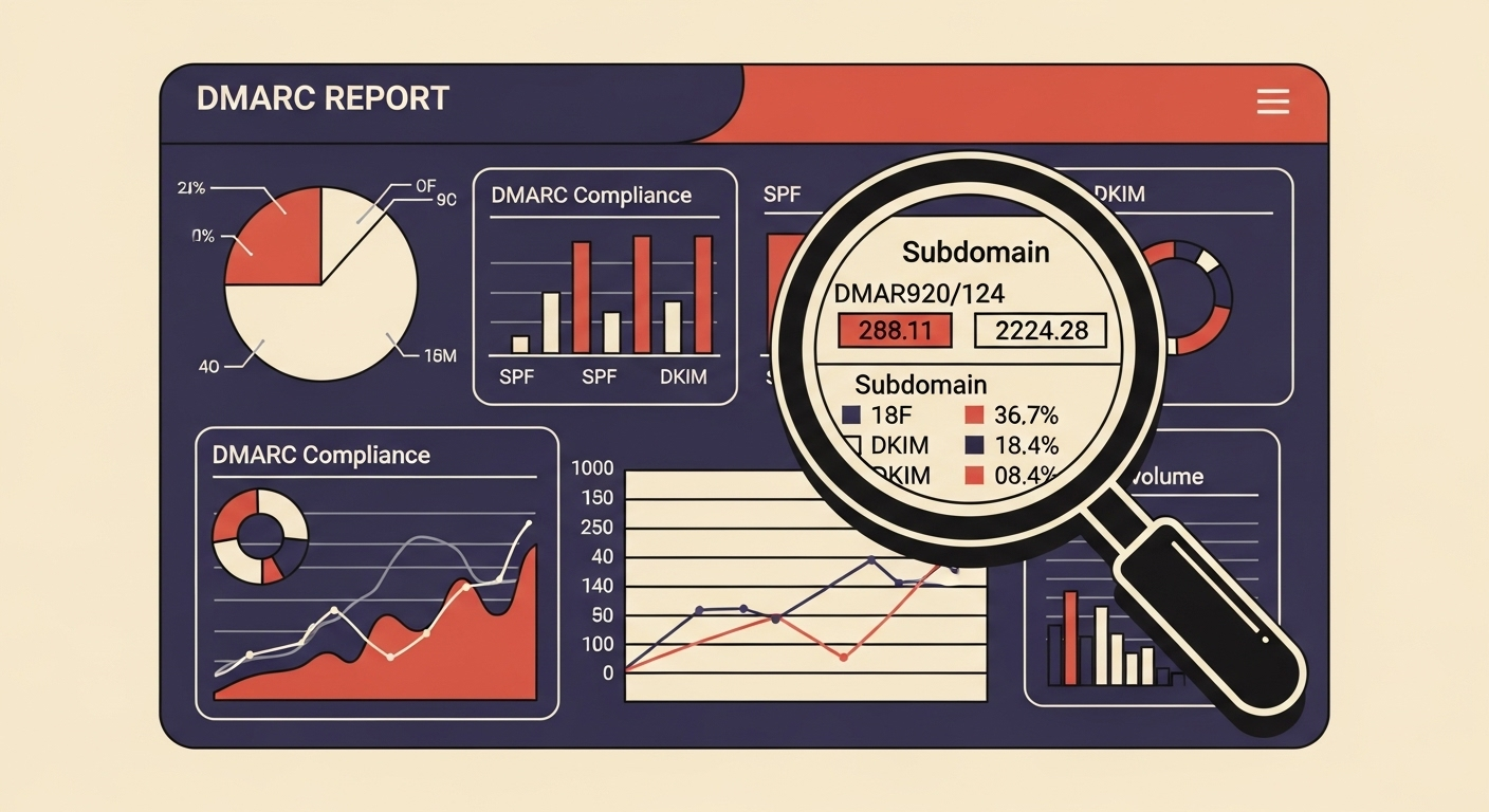 Illustration of a DMARC monitoring dashboard with analytics for main and subdomains.