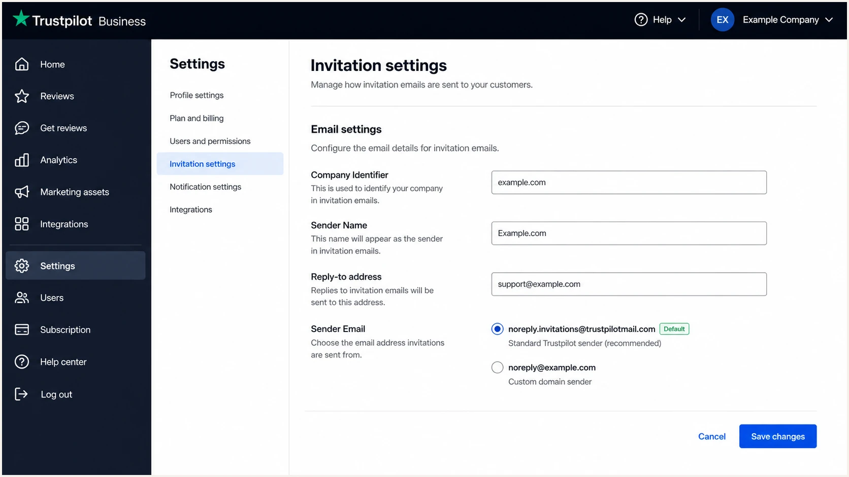 Trustpilot invitation email settings with the default sender selected