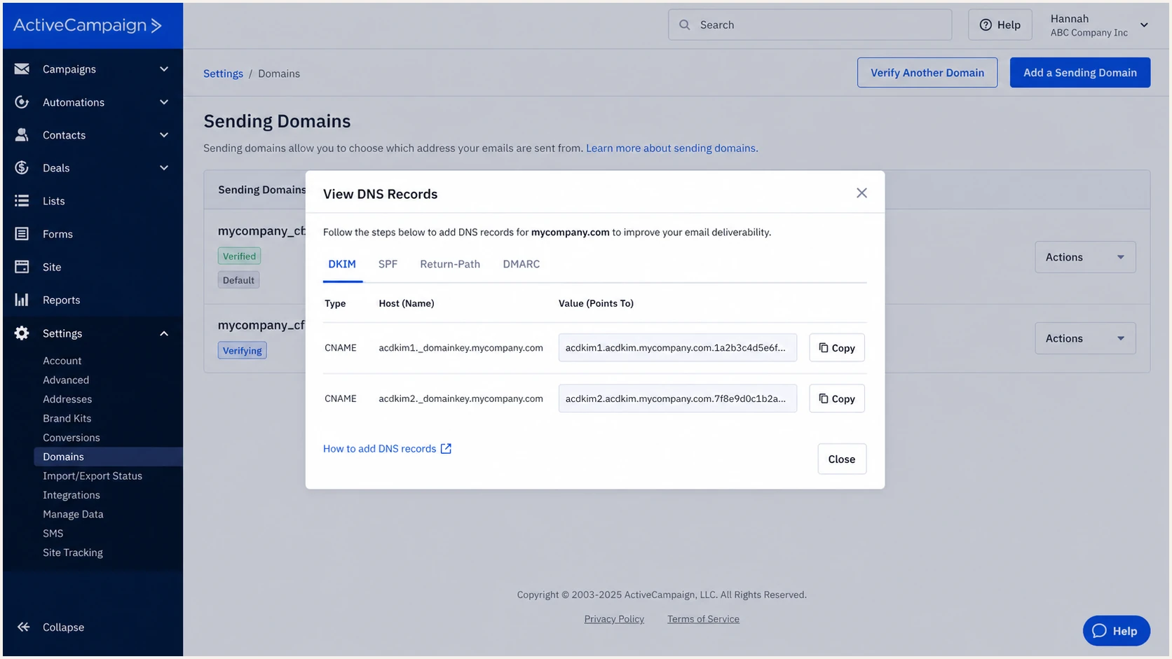 ActiveCampaign showing two generated DKIM CNAME records