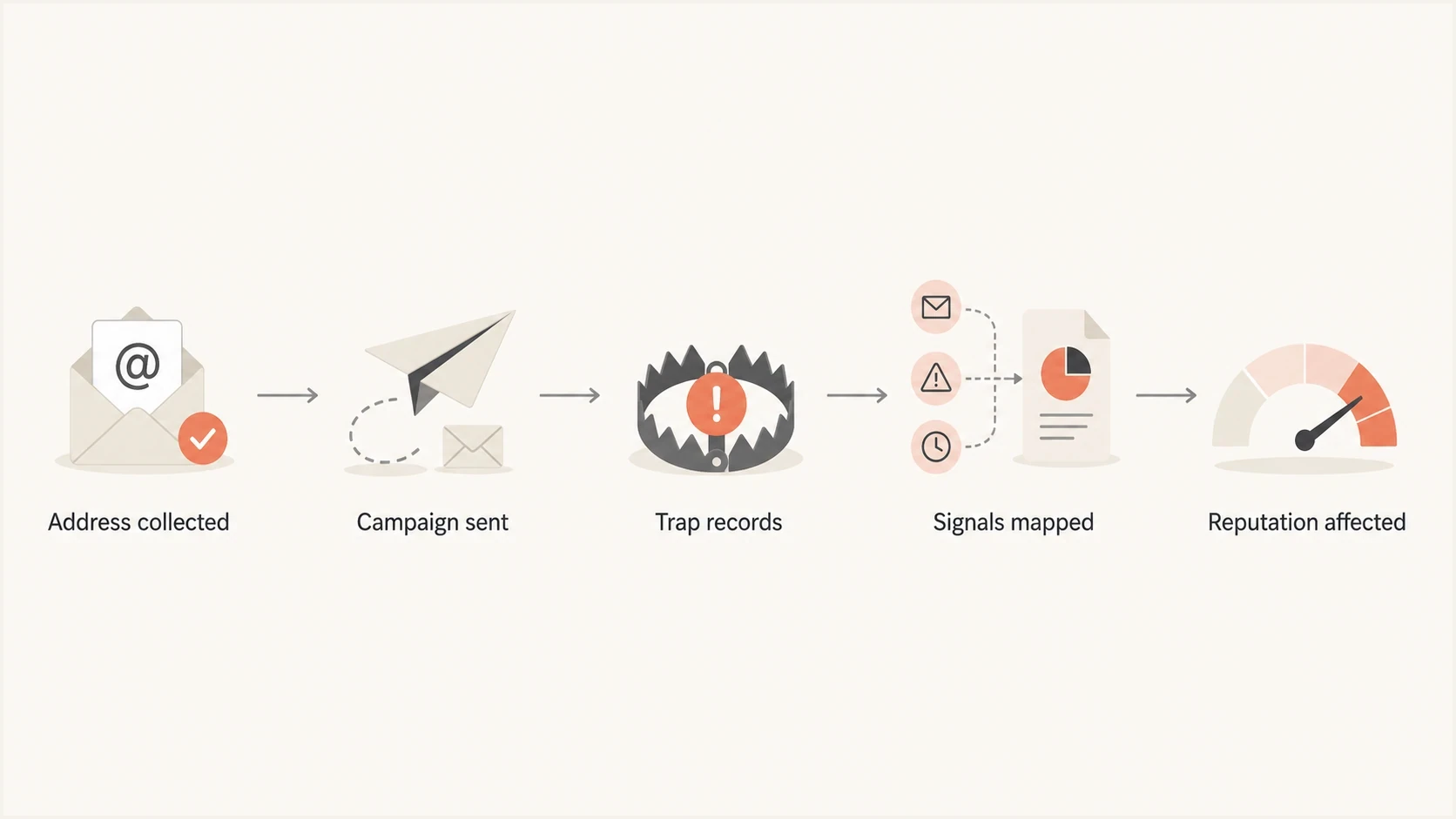 Flowchart showing how a spam trap hit becomes a sender reputation signal.