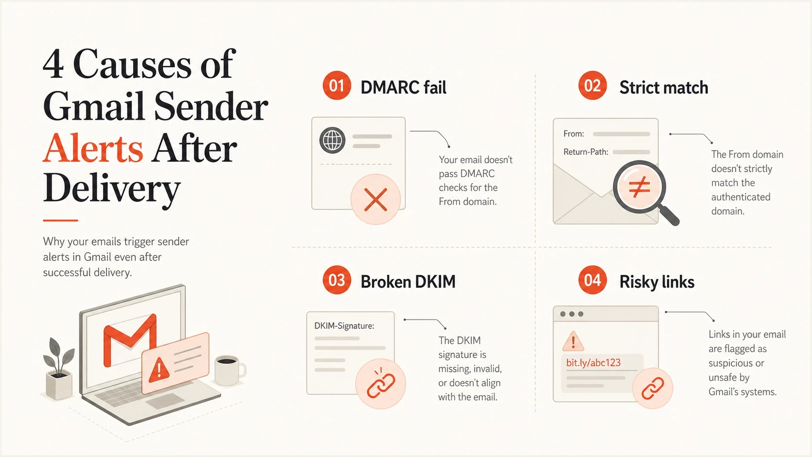 Infographic listing DMARC fail, strict match, broken DKIM, and risky links as Gmail alert causes.