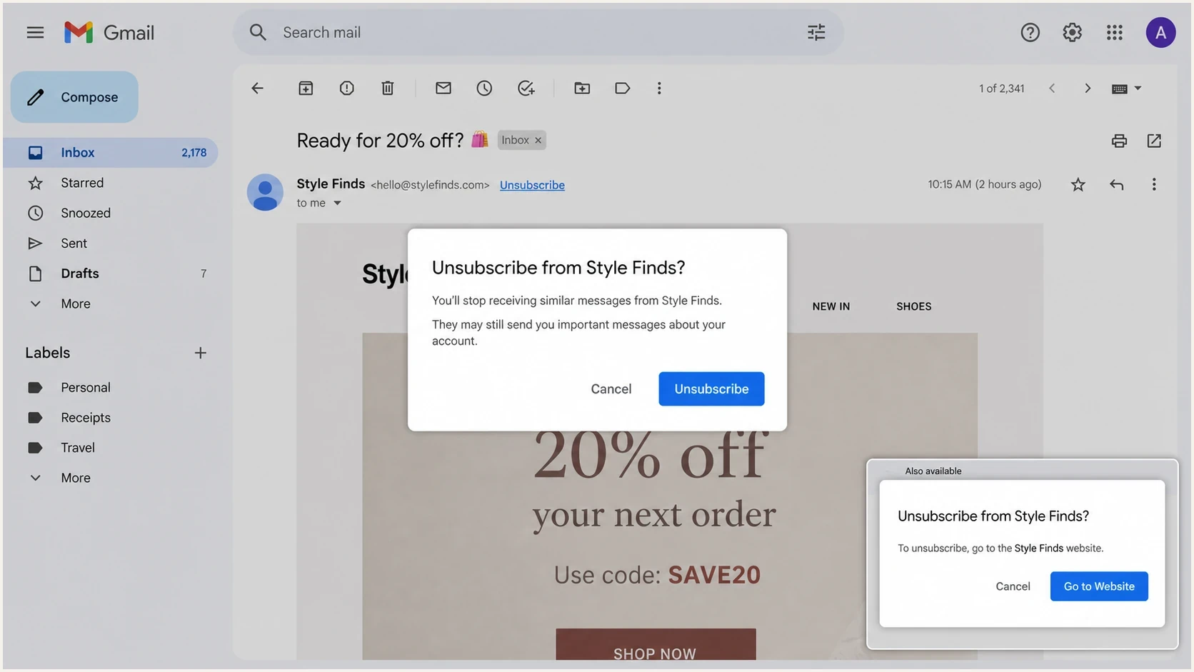 Gmail unsubscribe popup with a second website fallback state.