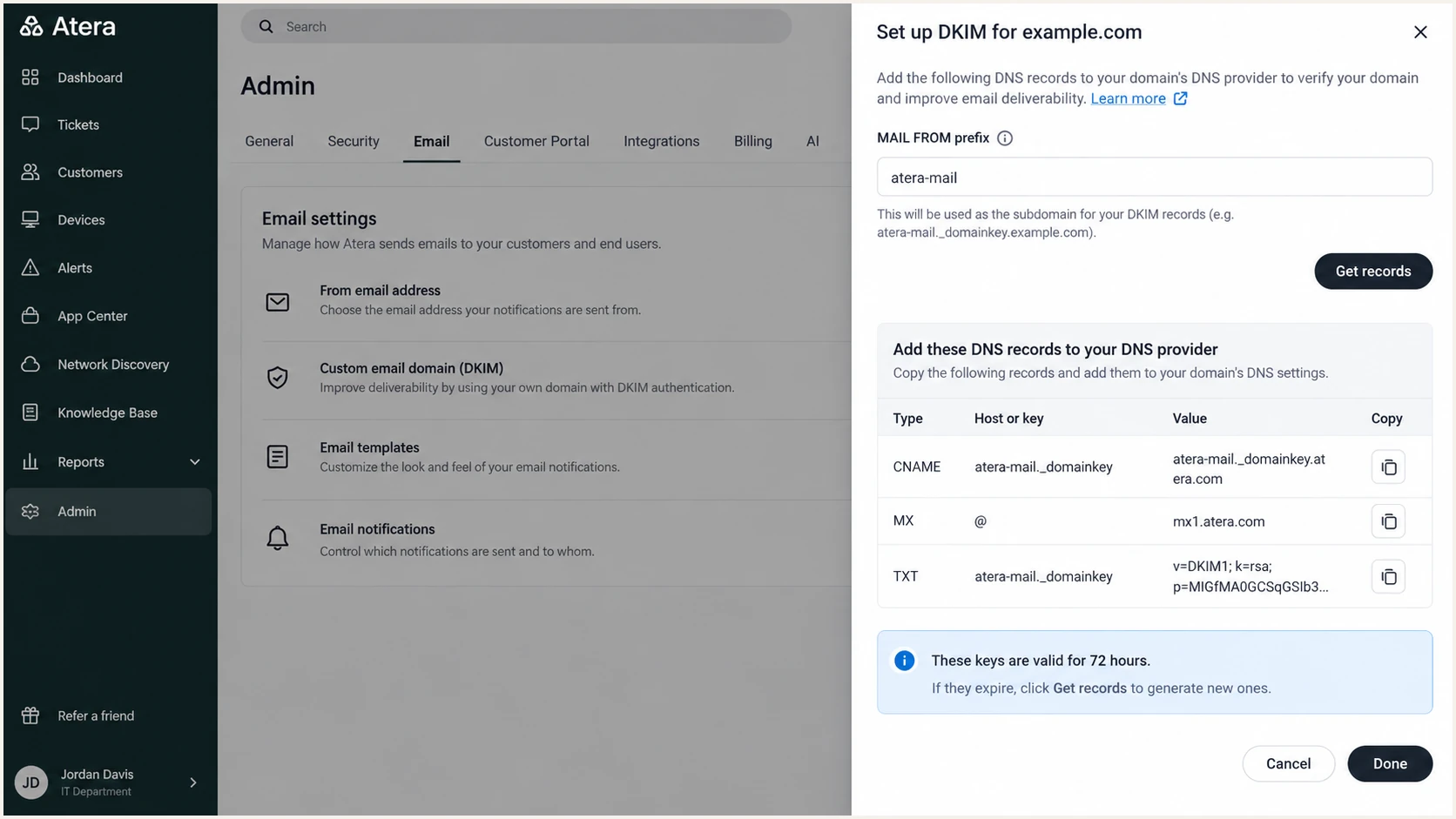 Atera DKIM verification screen with generated DNS records