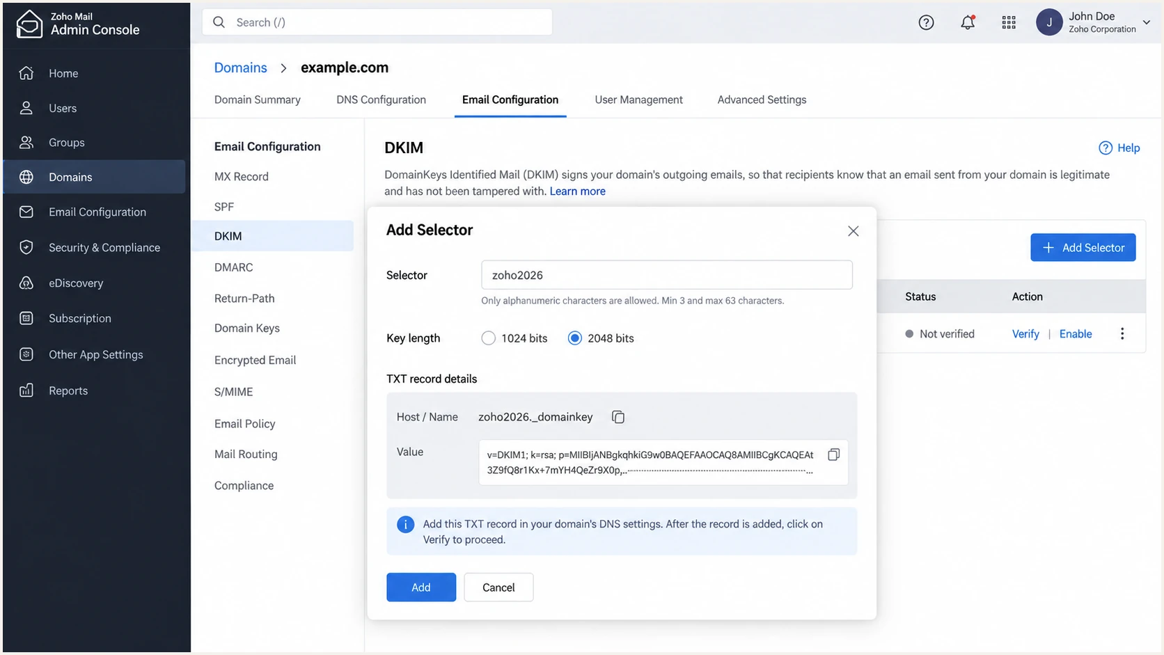 Zoho Mail DKIM selector creation and verification controls