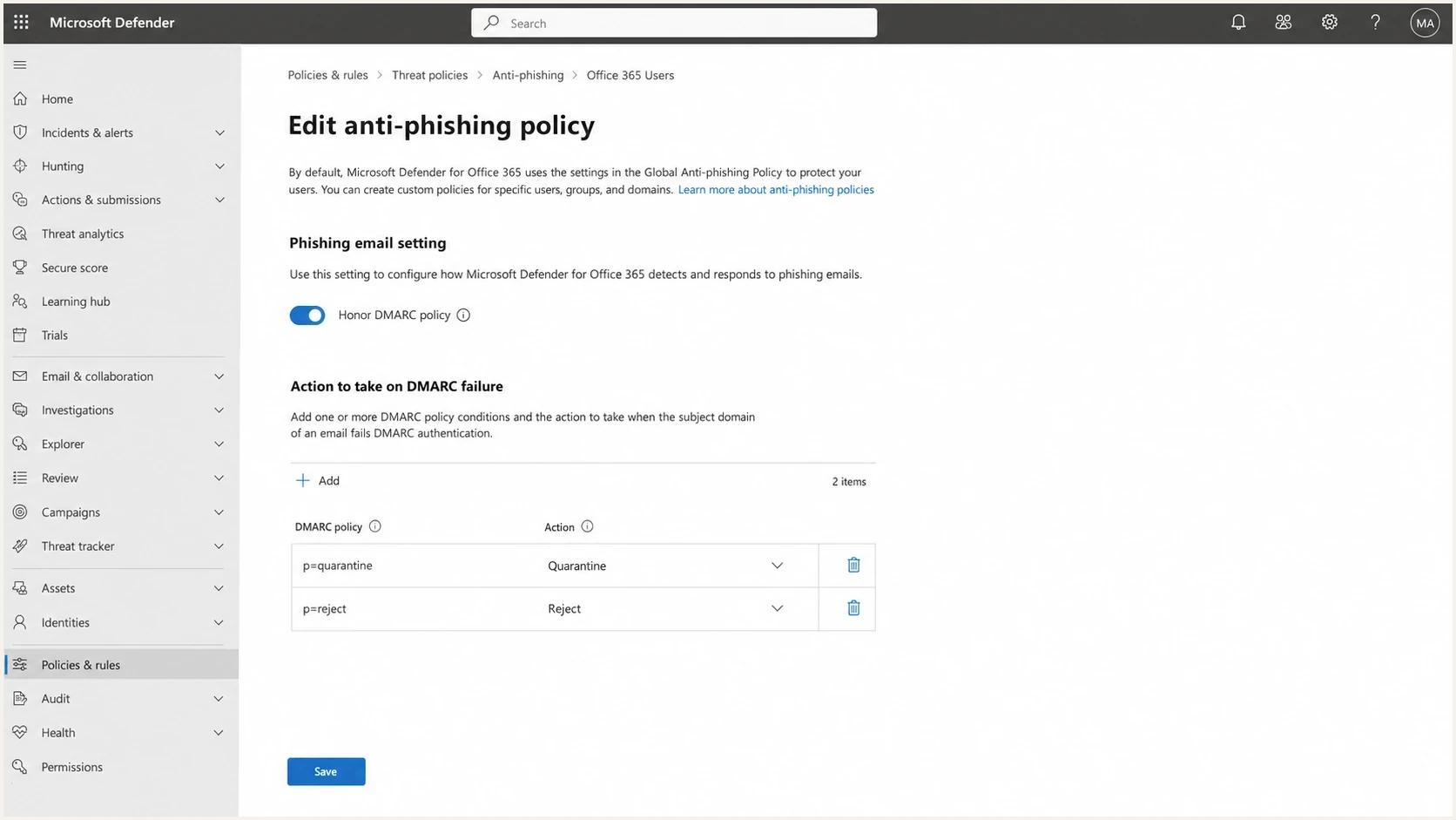 Microsoft Defender portal anti-phishing policy with DMARC reject set to reject.