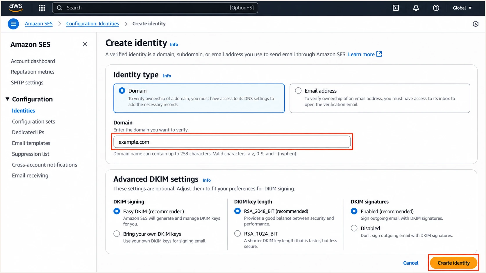 Illustrative Amazon SES Create identity screen with domain and Easy DKIM settings.