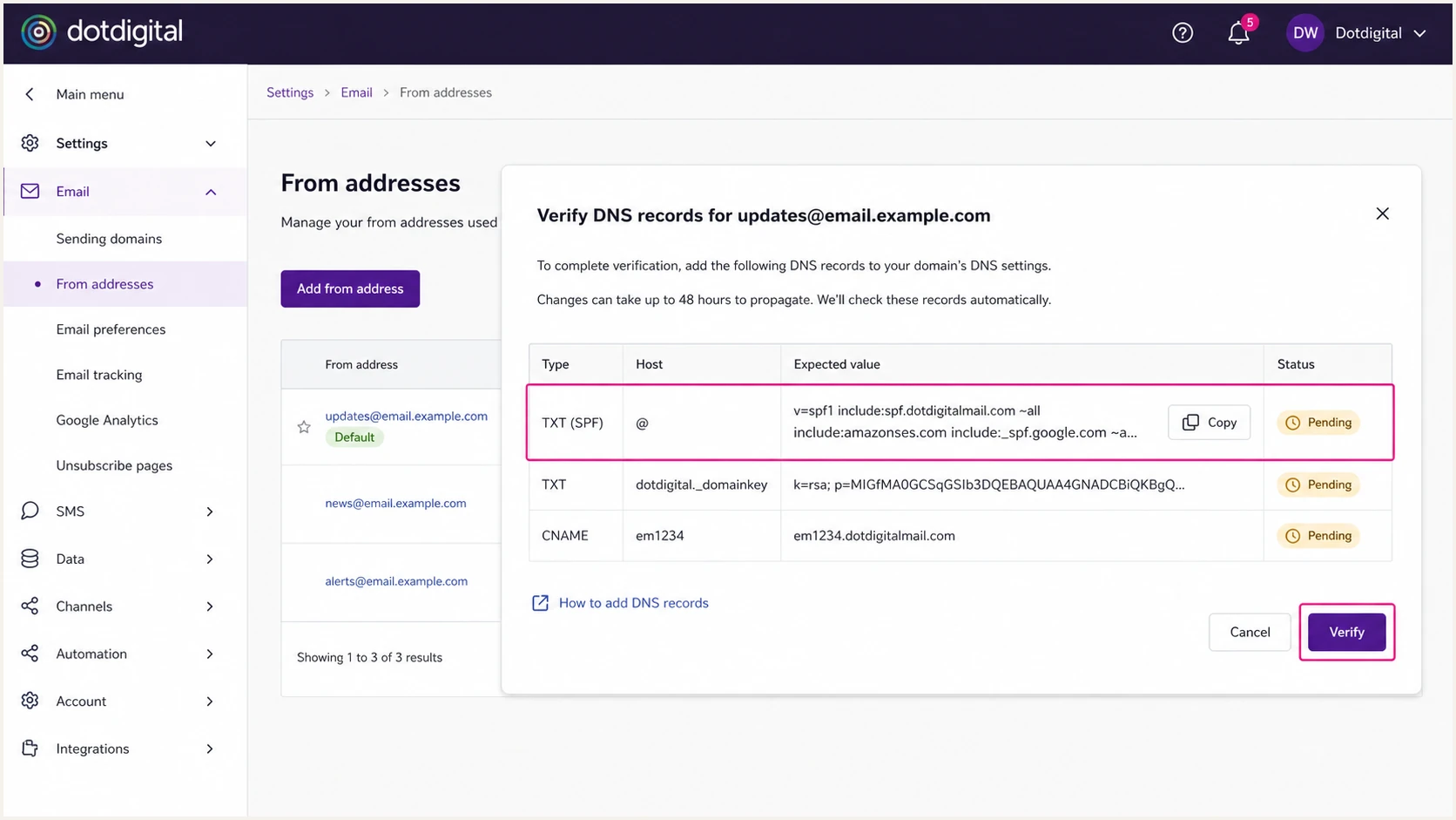 Dotdigital CFA verification screen highlighting the SPF record