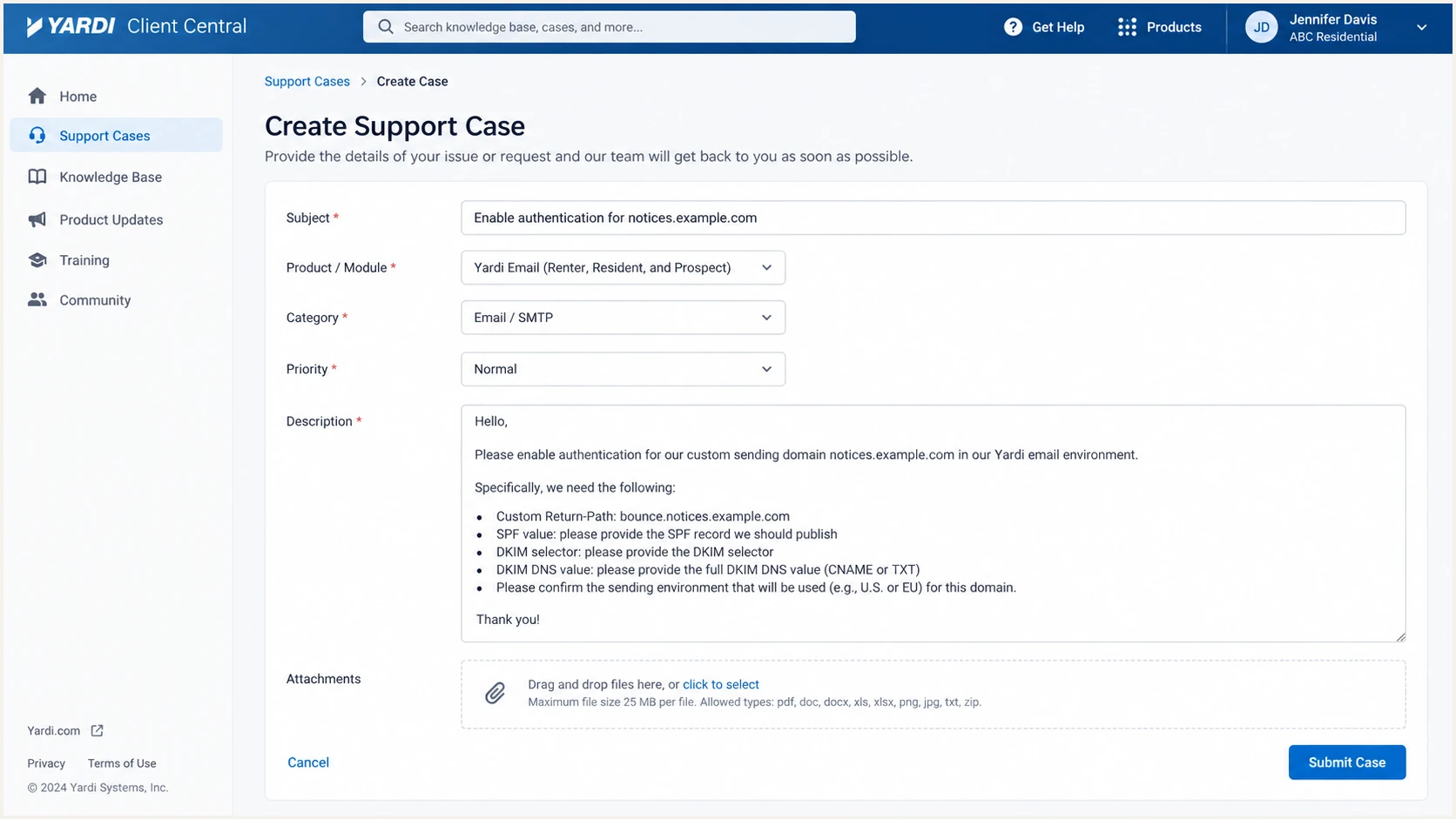 Yardi Client Central case requesting domain authentication values