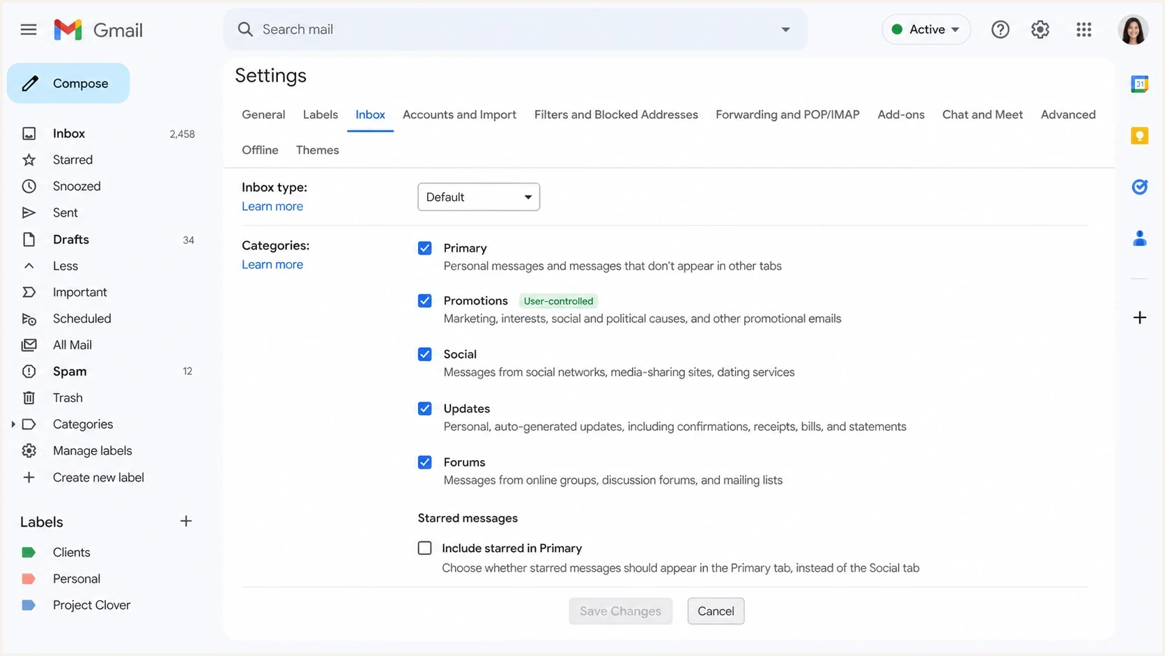 Gmail inbox category settings showing that Promotions is controlled by the recipient.