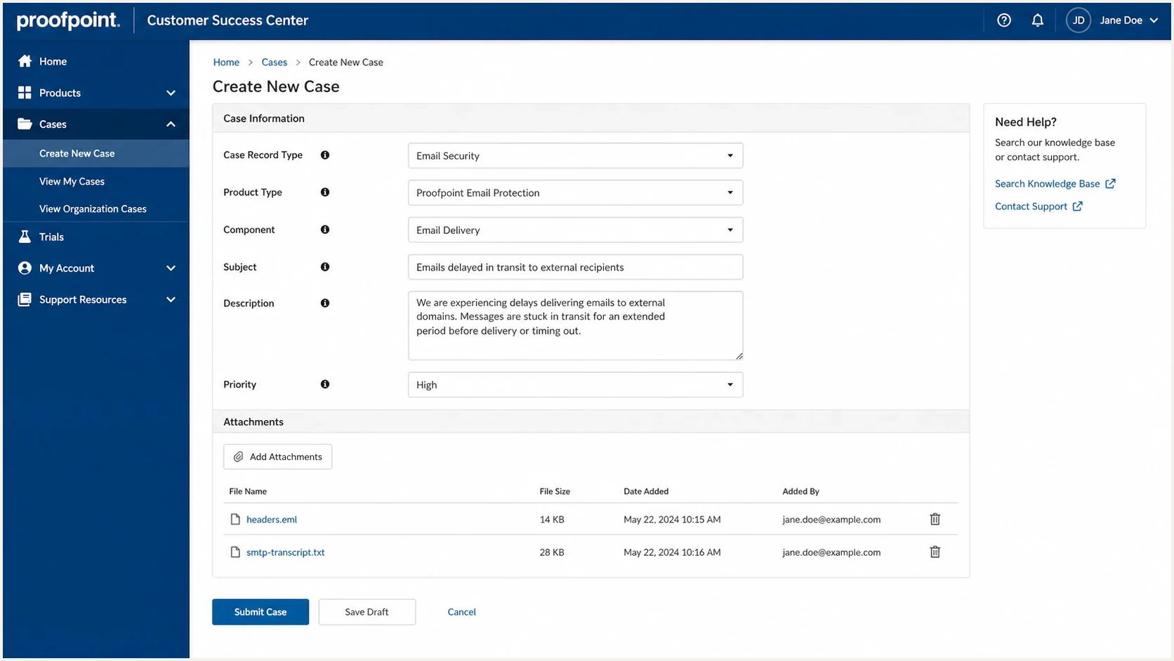 Proofpoint Customer Success Center case form for a delivery issue