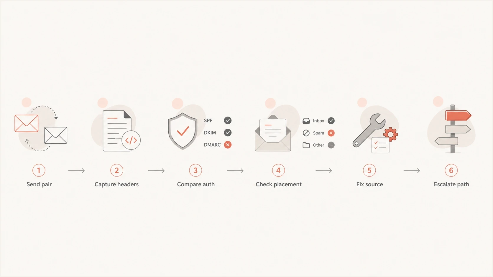 Flowchart for testing direct email and Apple Private Relay delivery paths.