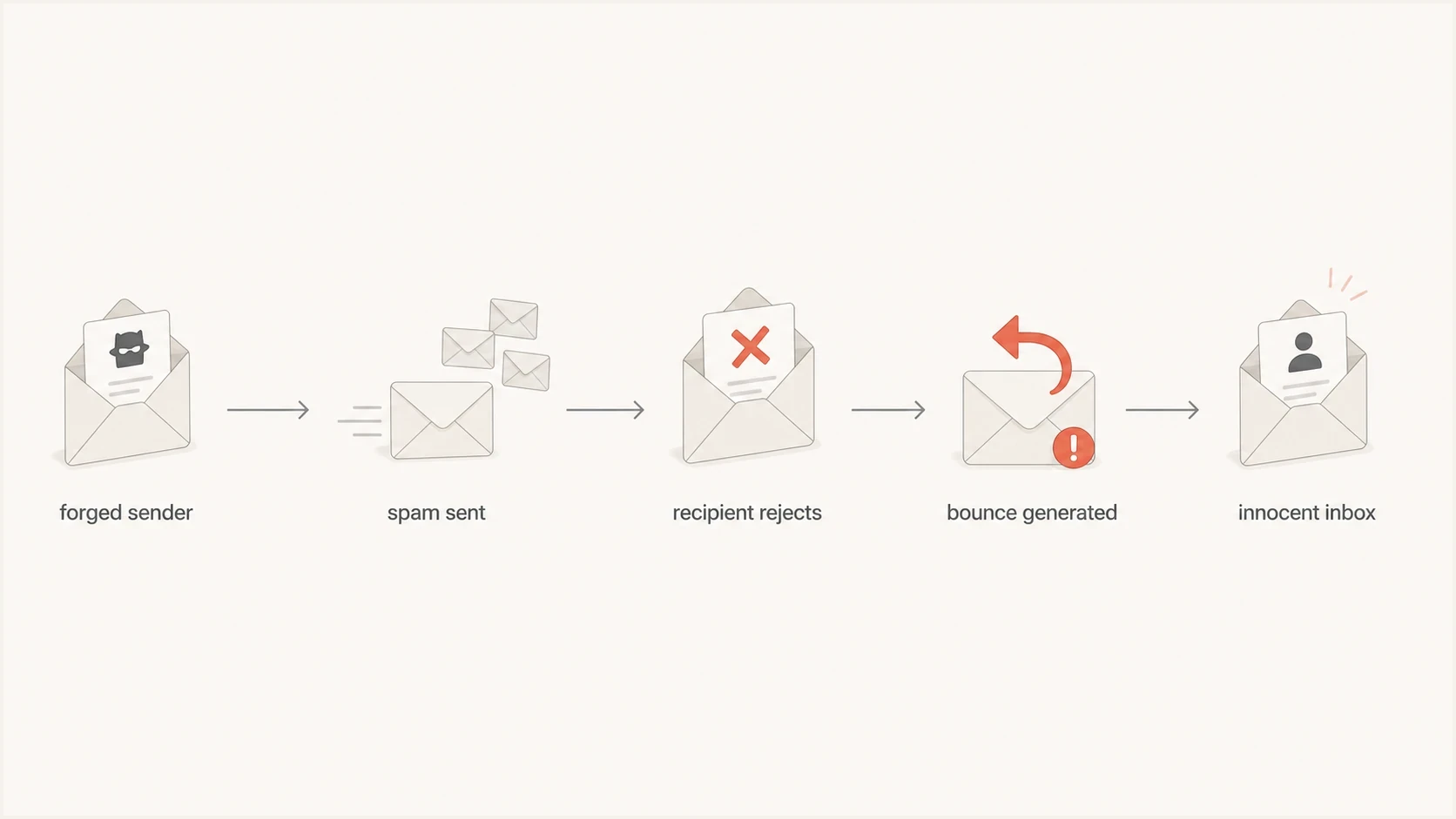 Email backscatter flowchart showing a forged sender, rejection, and misdirected bounce.