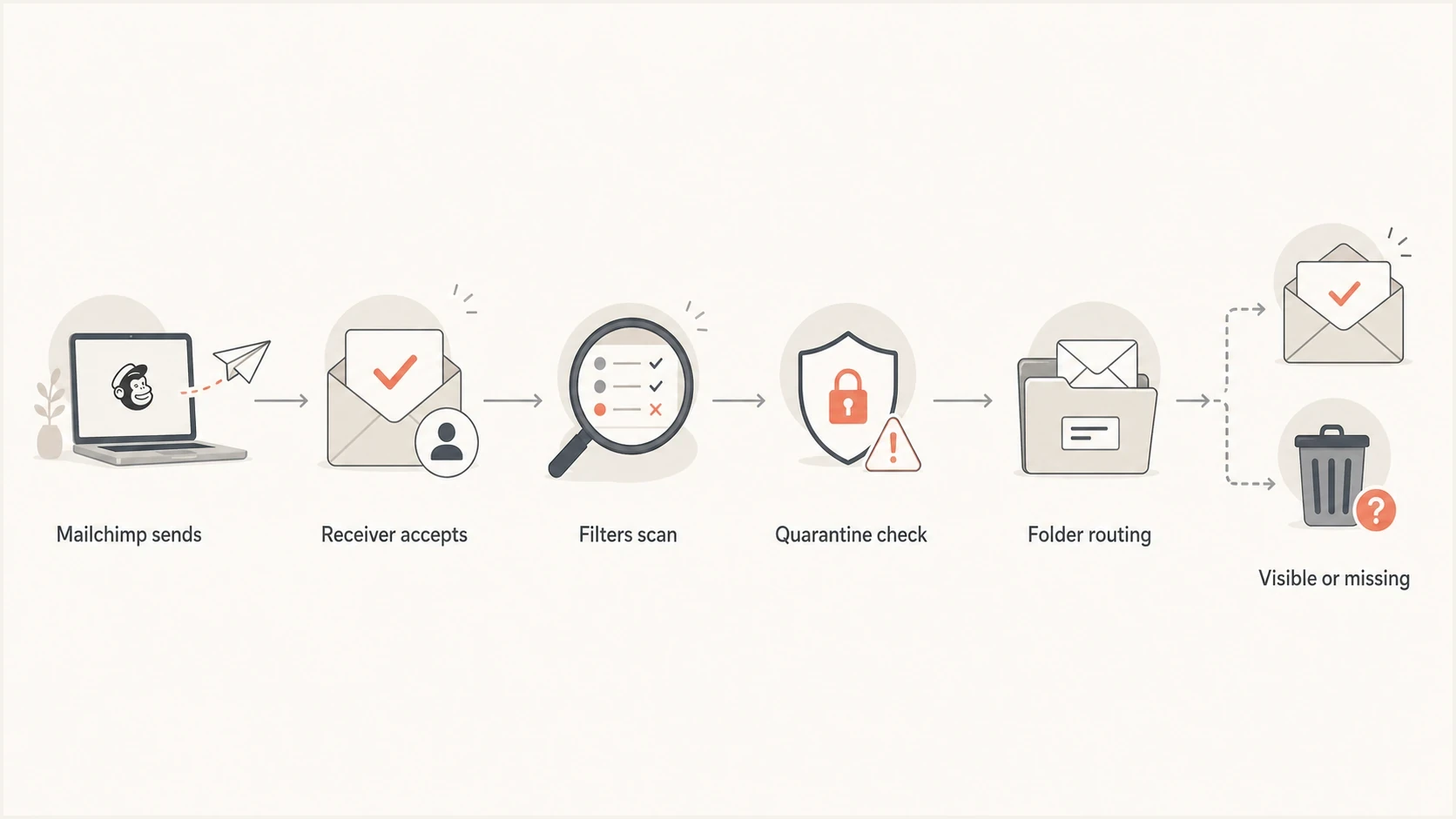 Flowchart showing how a delivered Mailchimp email can become visible, quarantined, or missing.