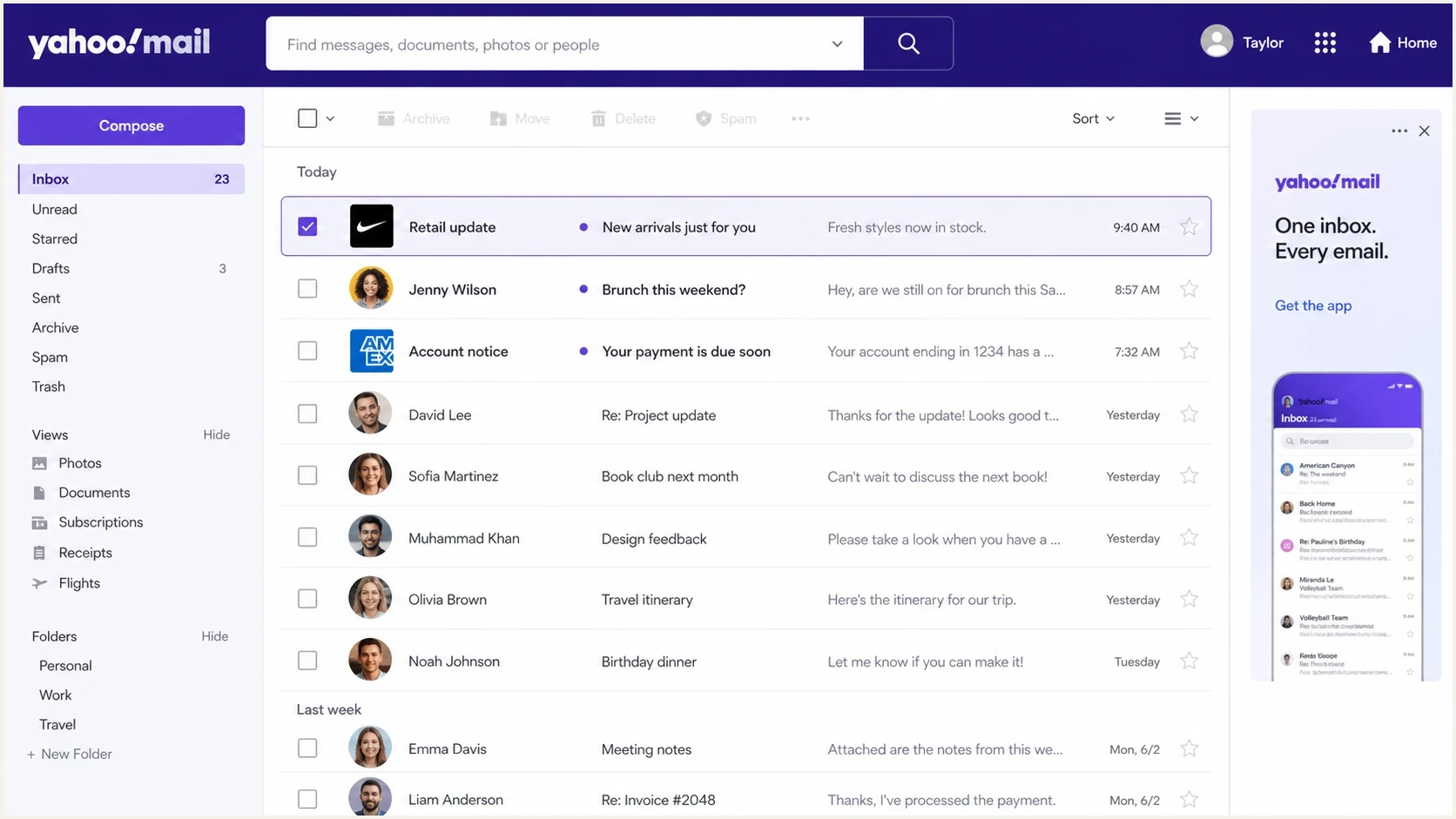 Yahoo Mail inbox screenshot showing where BIMI logos can appear beside senders.
