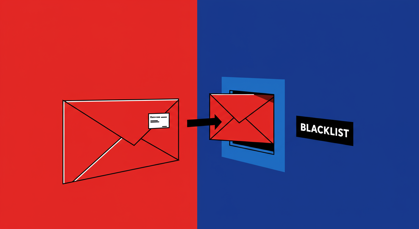 A minimalist retro illustration of a red envelope being sorted into a blue mail slot while another red envelope is being sorted into a black mail slot. The style of the images should be A minimalist retro illustration in the style of Malika Favre. Dominant colors are bright poppy red and deep royal blue. No text, vector art, high contrast. Describe only what is objectively visible, as though describing a scene to a vision-impaired person.