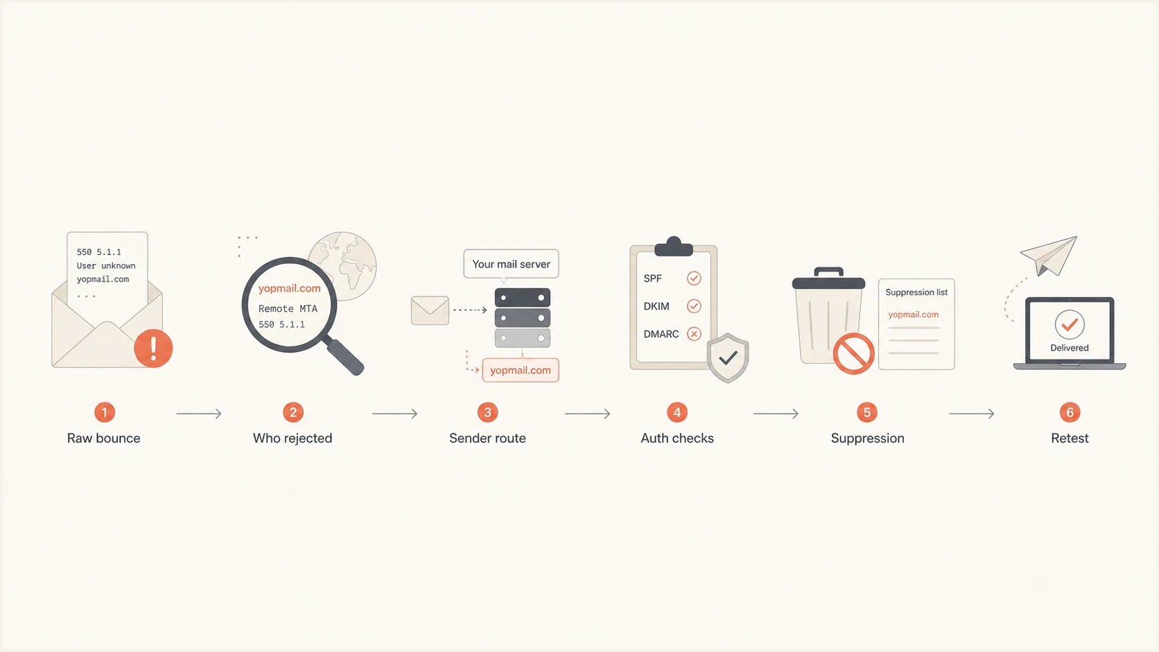 Flowchart for diagnosing Yopmail hard bounces.