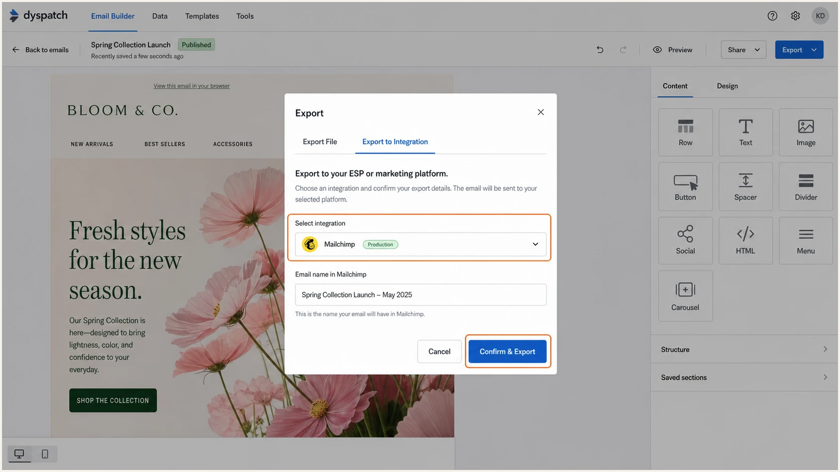 Dyspatch Export to Integration flow for a production-path test